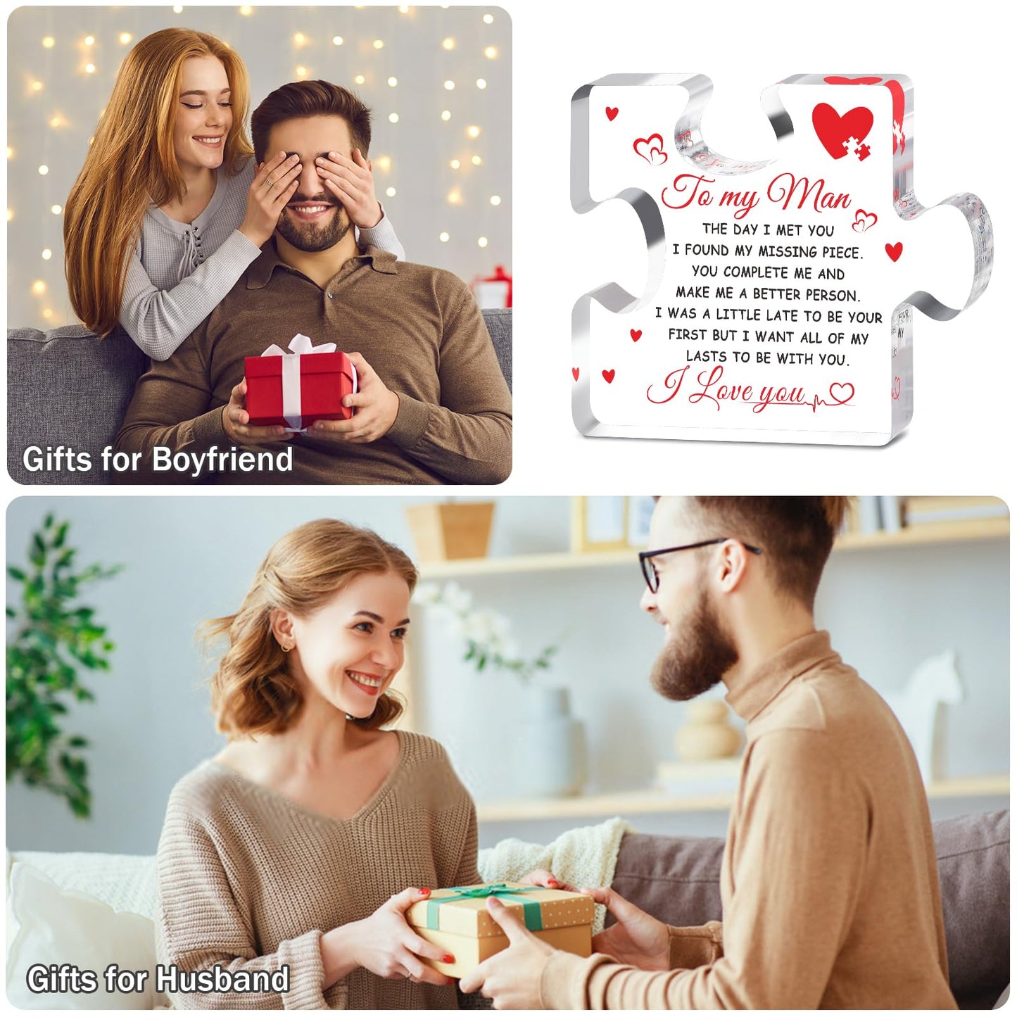 Fathers Day Dad Gifts for Husband from Wife to My Man Acrylic Block Puzzle 3.9 x 3.3”Romantic Engraved Gift for Boyfriend Wedding Anniversary Birthday Gifts for Fiance Couple