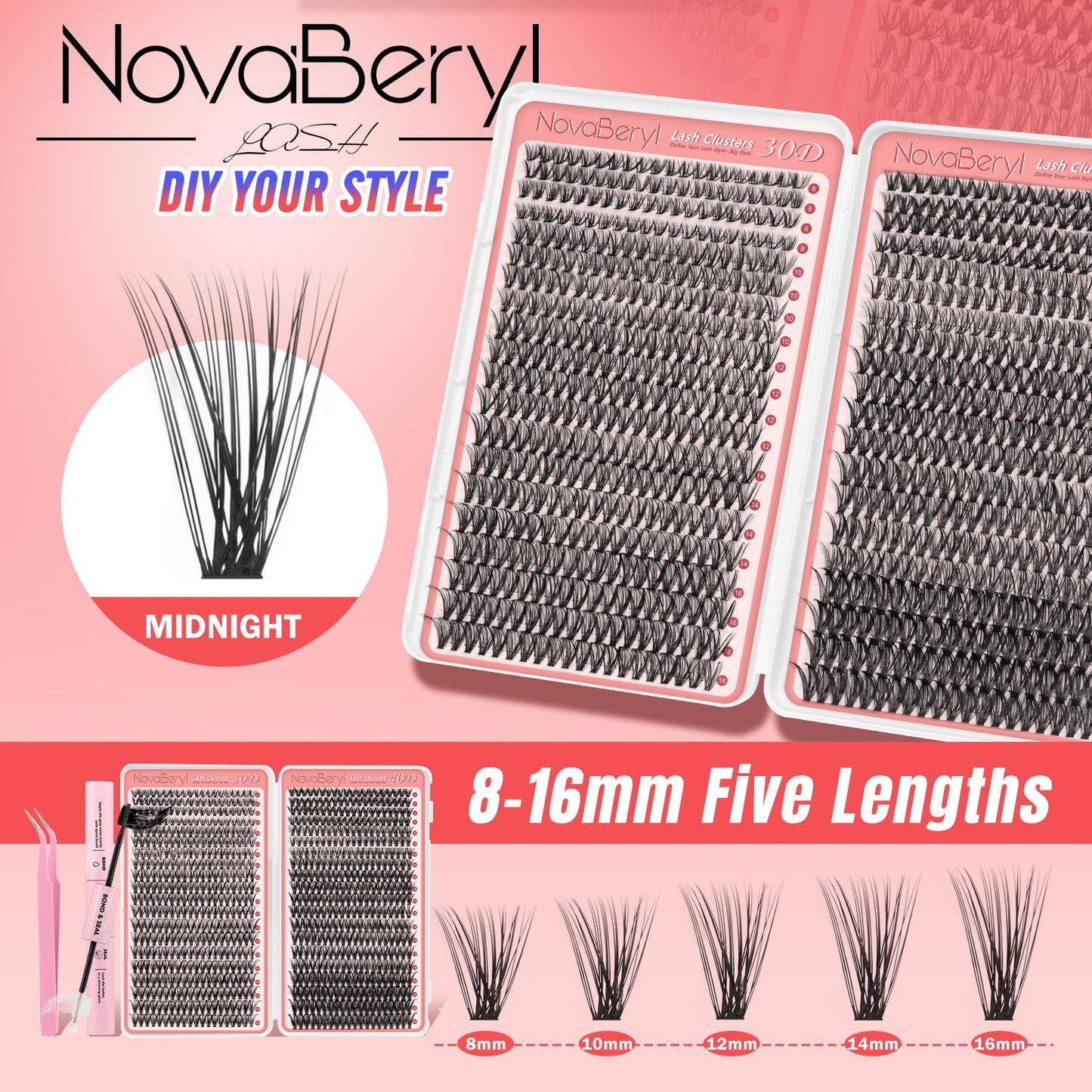 Eyelash Extension Kit - 800PCS DIY Lash Clusters with Bond & Seal | 30D/40D C Curl, 8–16mm Reusable Wispy Lashes
