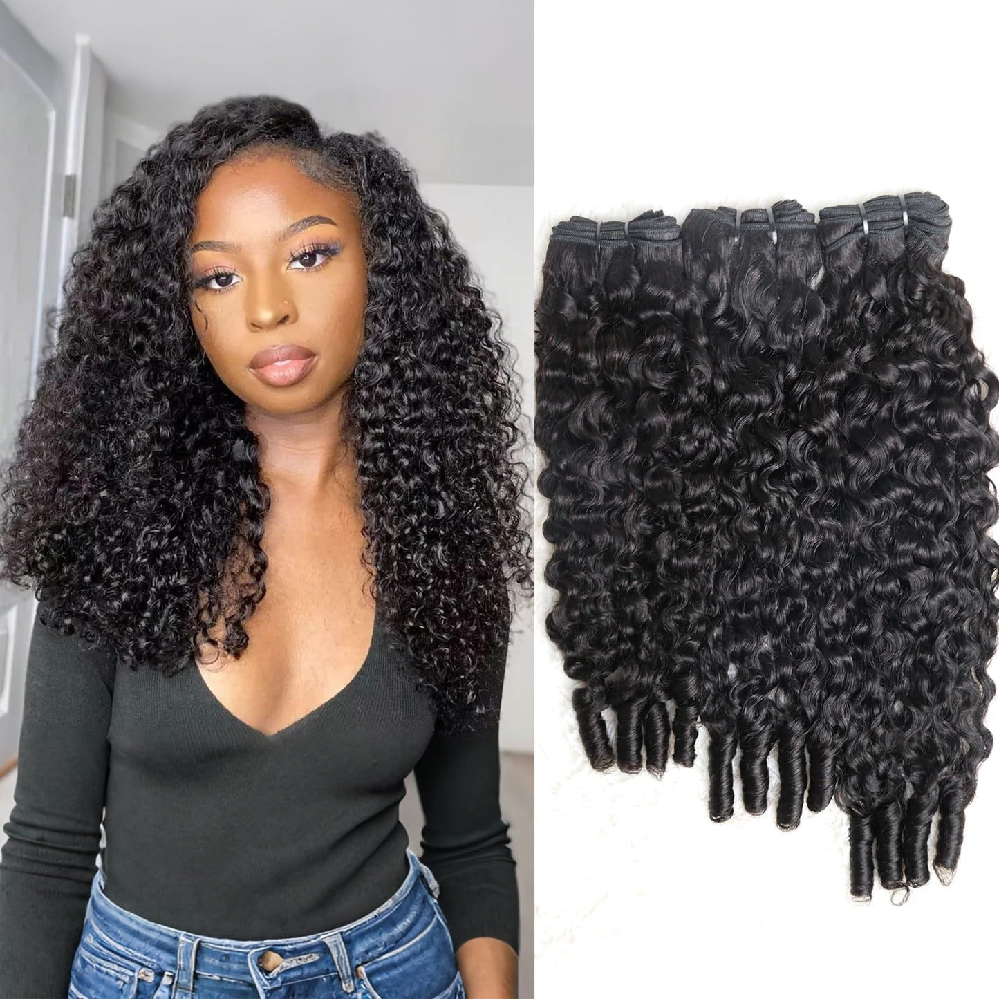 Sinuowei Curly Human Hair Bundles 16 18 20 Inches 3Pcs Water Wave Burmese Curly Bundles Human Hair Weave with Spiral End 3c4a Quick Weave Hair for Women Natural Black