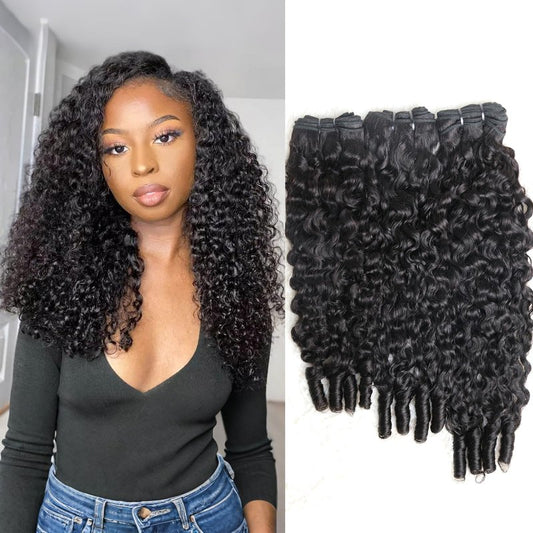 Sinuowei Curly Human Hair Bundles 16 18 20 Inches 3Pcs Water Wave Burmese Curly Bundles Human Hair Weave with Spiral End 3c4a Quick Weave Hair for Women Natural Black