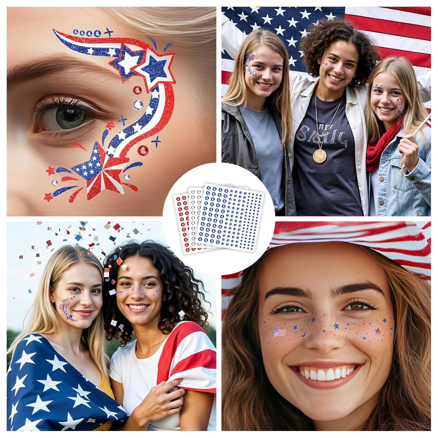4th of July Face Tattoos - Glitter Freckles & Red White Blue Gems | Patriotic Makeup Accessories for Independence Day