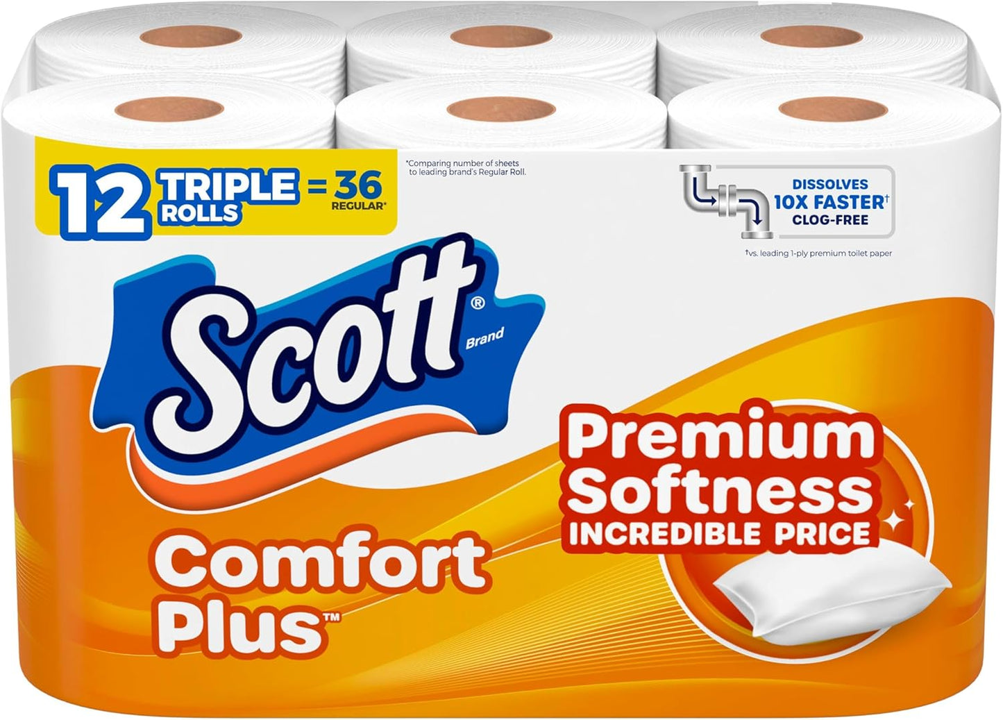 Scott ComfortPlus Toilet Paper - 12 Triple Rolls | 231 Sheets Each, Septic-Safe, 1-Ply Softness