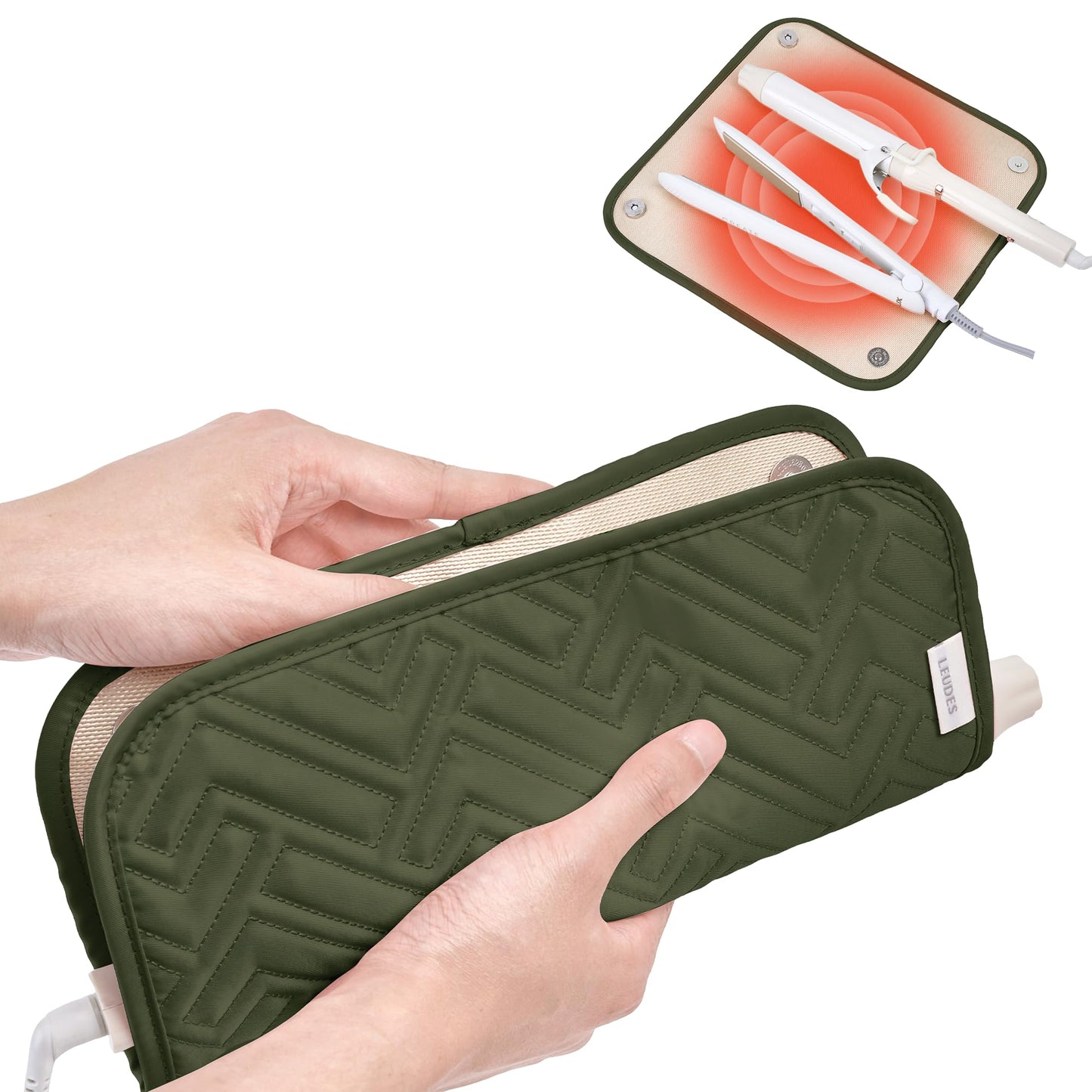 Leudes Hair Tools Travel Bag for Women Heat Resistant Mat for Travel Essentials Hot Tools Straighteners,Flat Irons,Curling Iron,Hot Air Brushes and Hair Dryer Organizer Bags 2 in 1 (Army GreenA)