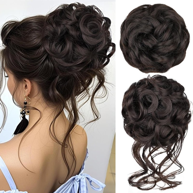 RONTAYA Messy Bun Hair Piece - Wavy Curly Synthetic Updo Extension | Dark Brown 2PCS