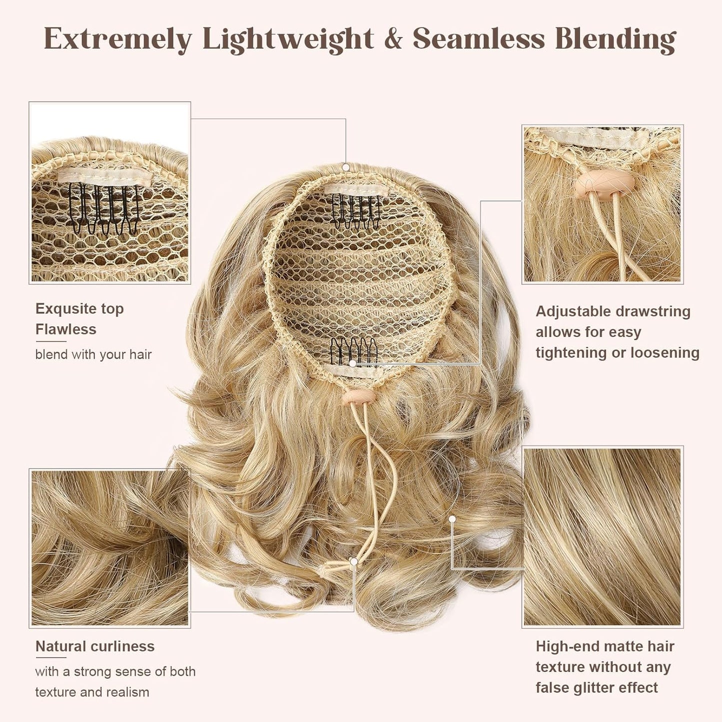 Ponytail Extension - 8" Short Curly Drawstring Hairpiece for Women | Deep Blonde with Highlights