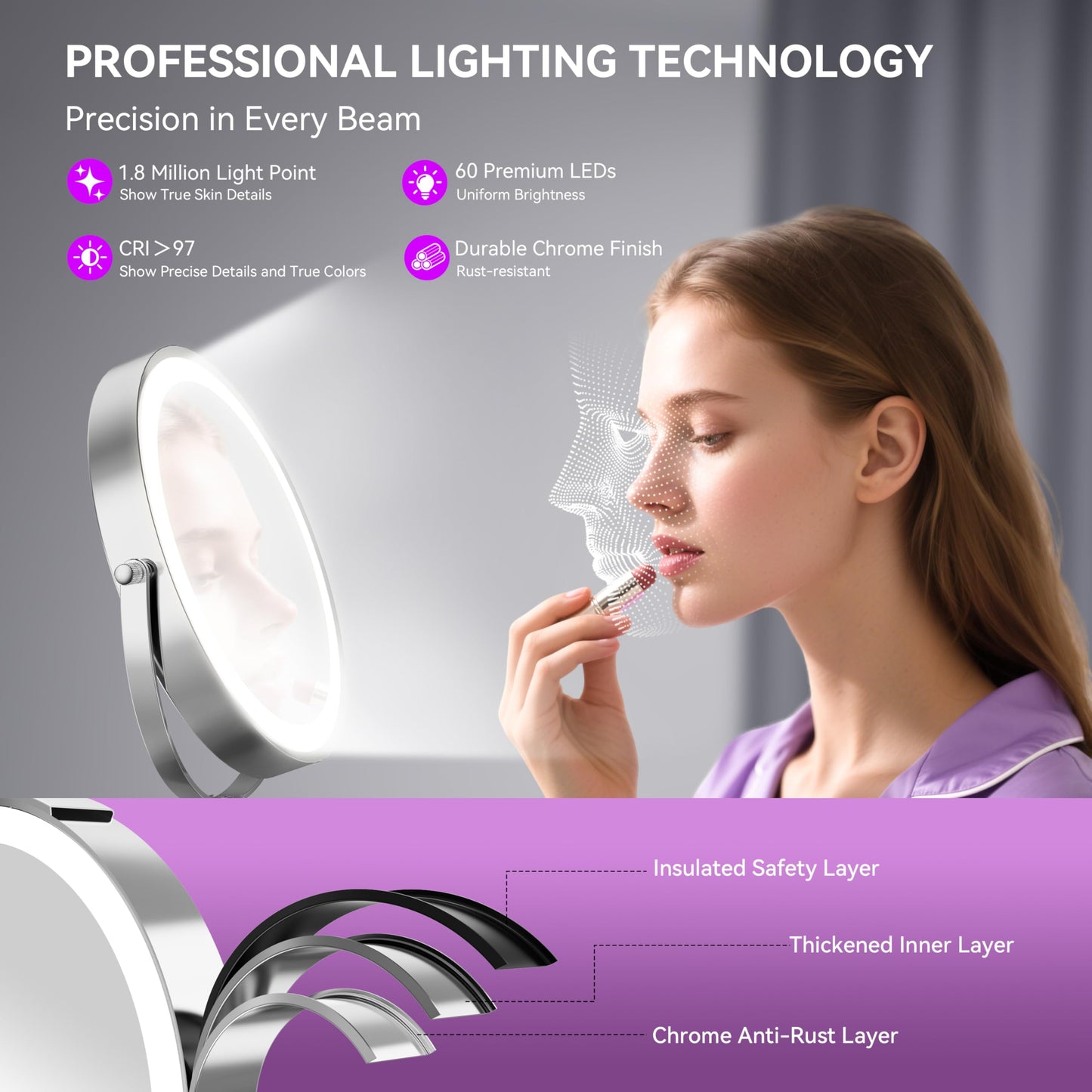 Auxmir 9" Large Lighted Makeup Mirror with Magnification, 1X/30X Double Sided Magnifying Mirror with Adjustable Height, Rechargeable Vanity Mirror with 3 Color Dimmable Lights, 360° Rotation