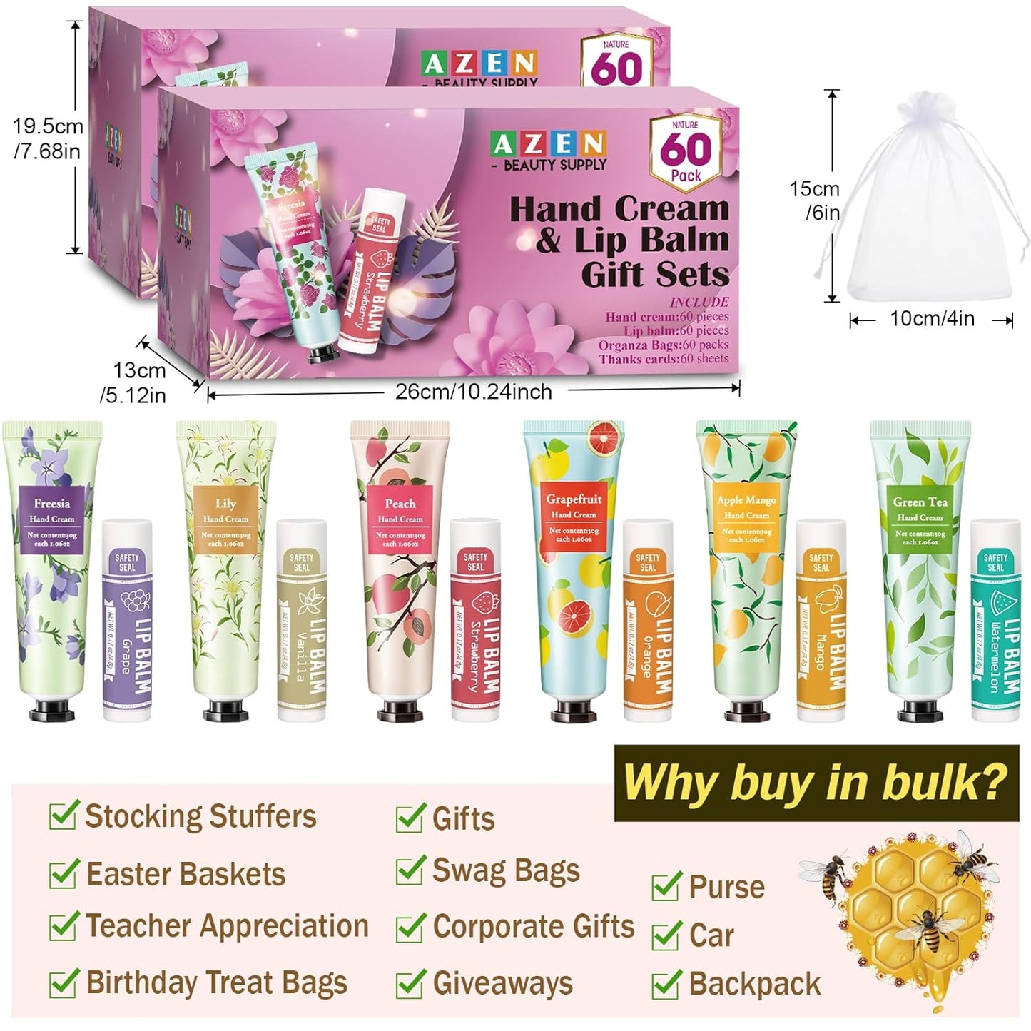 Hand Cream and Lip Balm Gift Set - 120 Bulk Sets with Organza Bag | Perfect for Baby Showers, Weddings, and Mother's Day