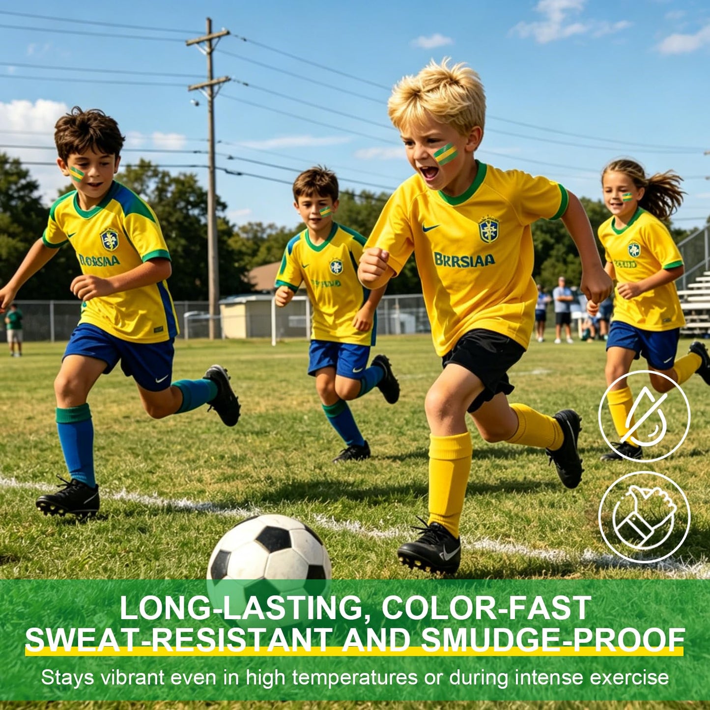 Brazil Face Paint Stick - Sweatproof High Pigment Sports Body Paint for Football, Rugby, Softball | Green & Yellow