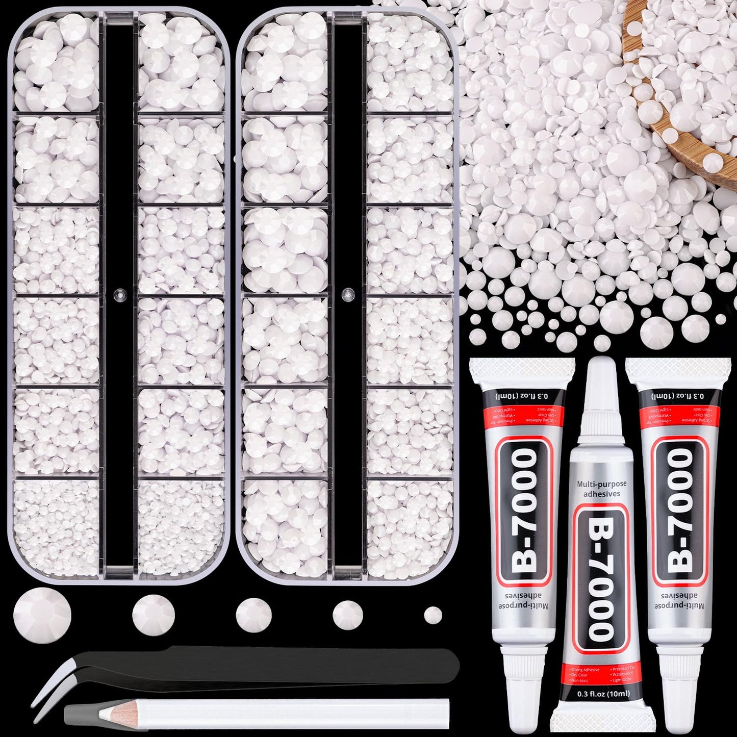 Resin Rhinestones - 32000 Pcs Flatback Gems for Bedazzling | Silver Clear Crystal Kit with 3 Pcs B7000 Glue for Nail Art & Crafts