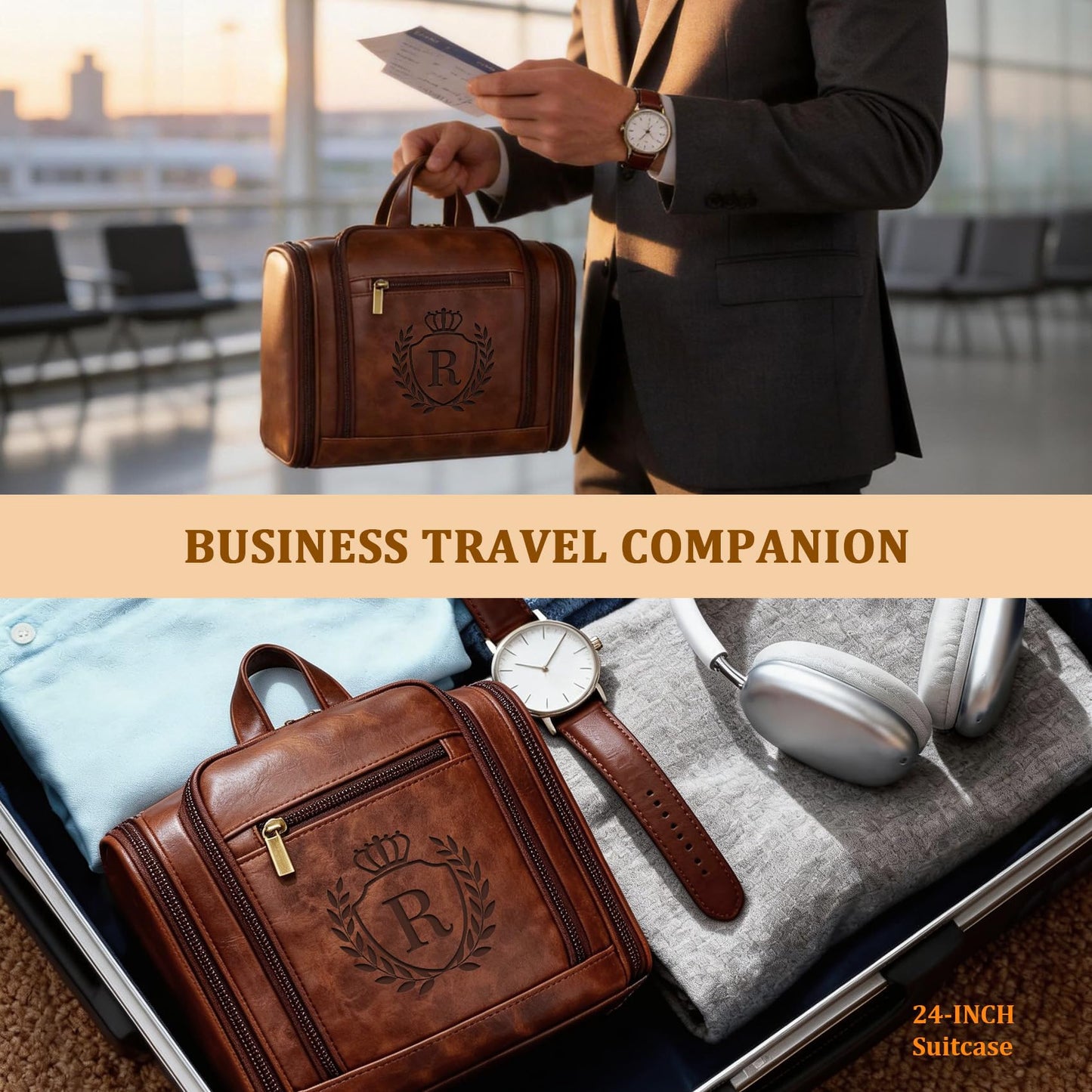 Aganmi Personalized Graduation Gifts for Men Large Leather Travel Toiletries Bag Hanging Shaving Dopp Kit, Birthday Gifts for Uncle Brother Best Friend Male Son Adult Cognac Letter R