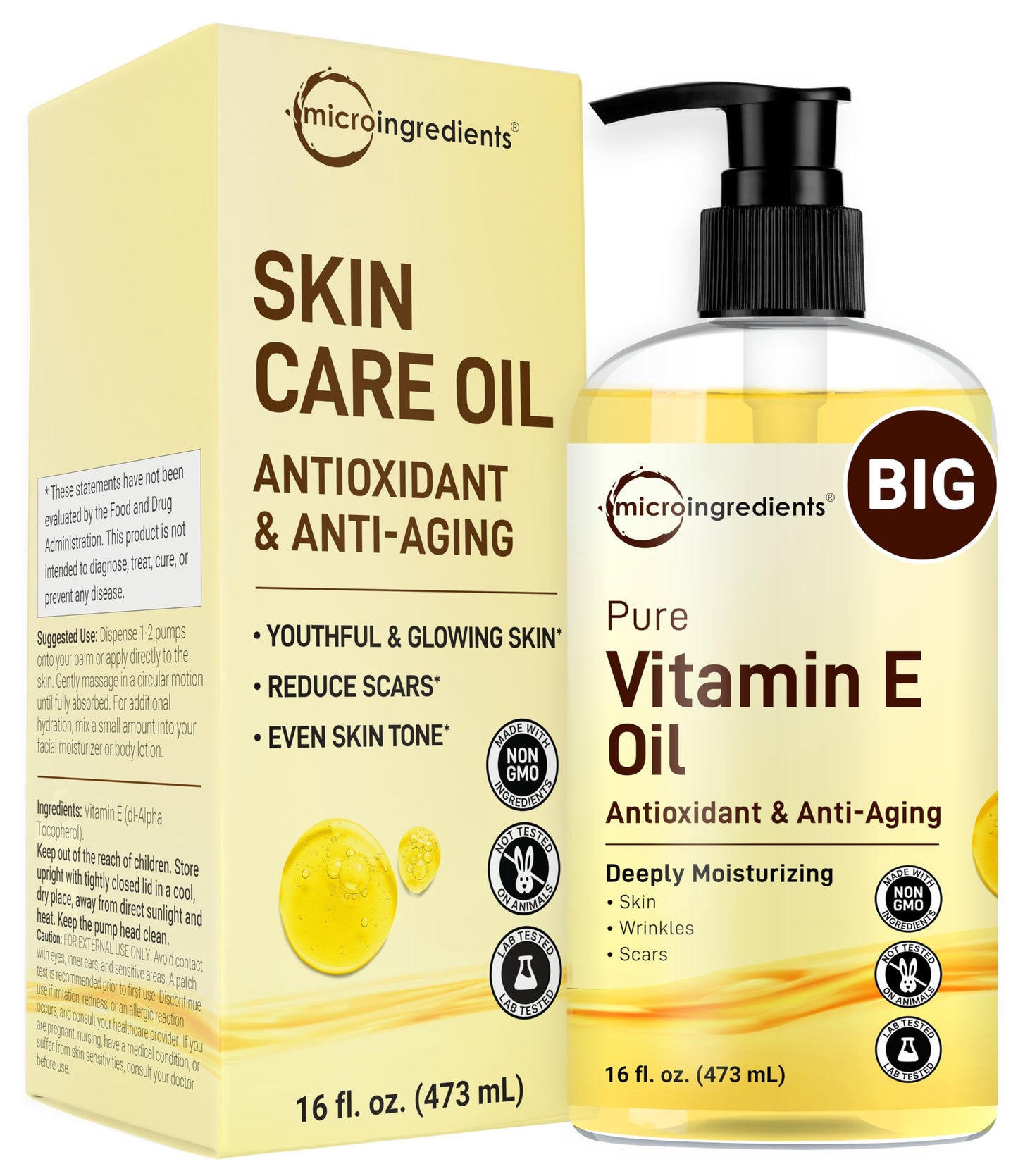 Micro Ingredients Bulk Size Pure Vitamin E Oil 40,000 IU, 16oz – Deep Moisturizing Skin, Face & Hair Oil for Dry Skin, Scars & Stretch Marks* – Fragrance-Free, Non-GMO, Cruelty-Free