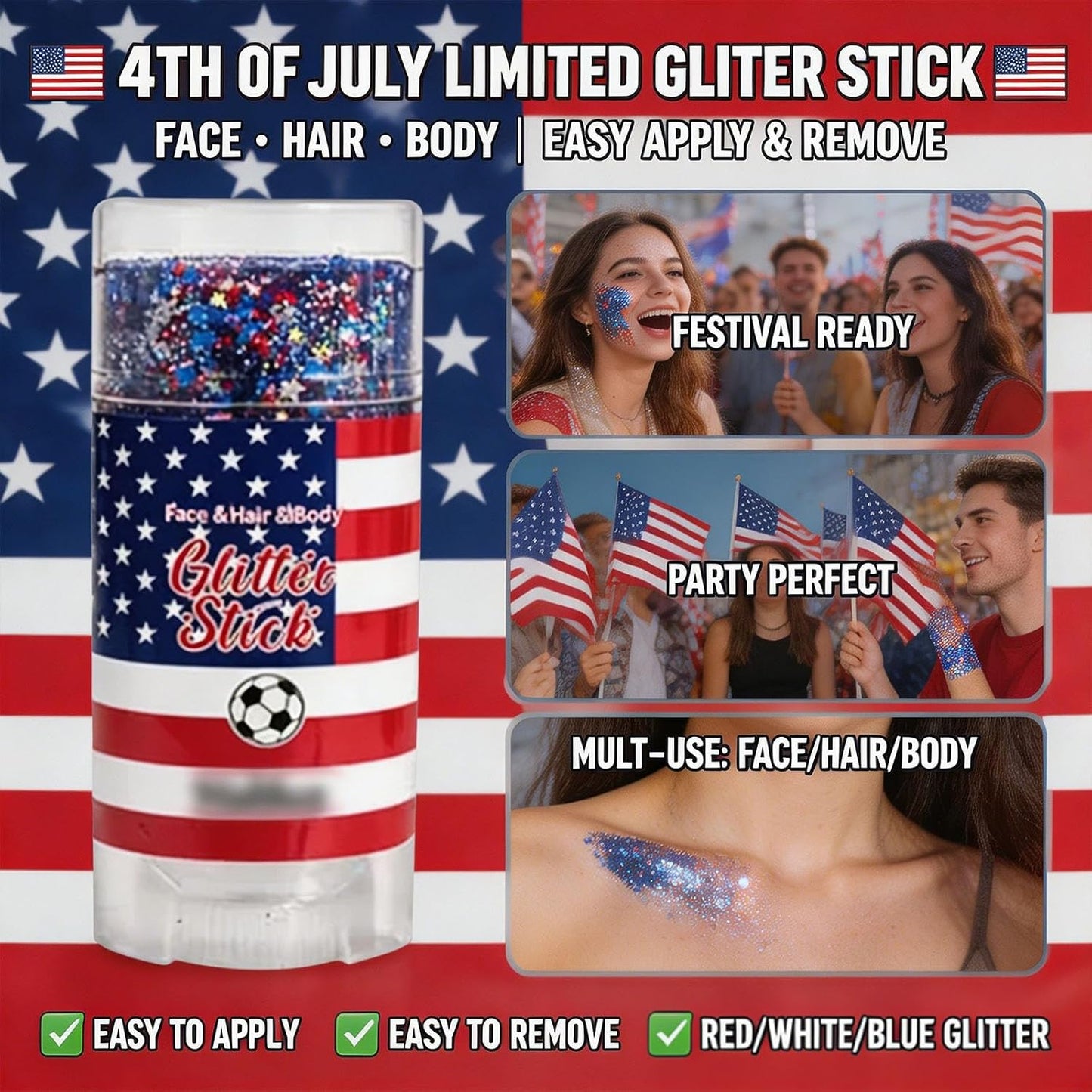 Red White Blue Hair Glitter Stick | Face & Body Paint for Fourth of July Makeup & Decorations