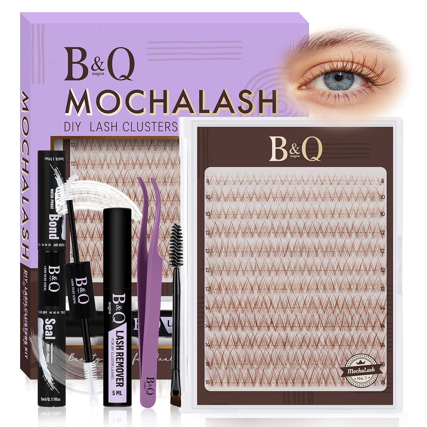 Eyelash Extension Kit - 10-18mm D Curl Lash Clusters with Bottom Lashes | DIY Bond & Seal Applicator