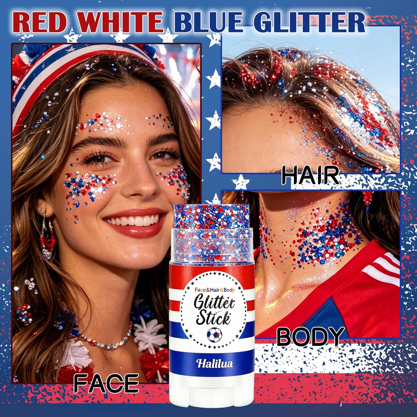 Patriotic 4th of July Body Glitter Stick,Sparkle Red White and Blue Hair Face Glitter for Independence Day 250 Anniversary Party,4th of July Outfits and Decorations for Women Kids, Memorial Day