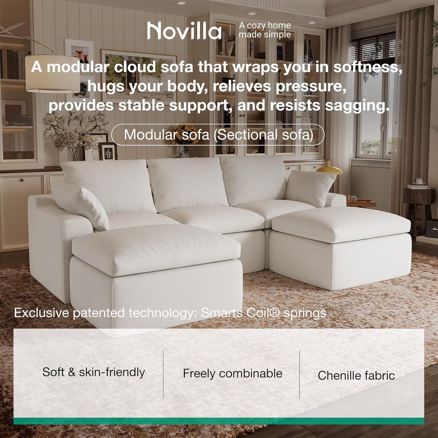 Modular Cloud Couch - Modern Sectional Sofa with Smart Coil® Support | Chenille Fabric, 5-Seater, White
