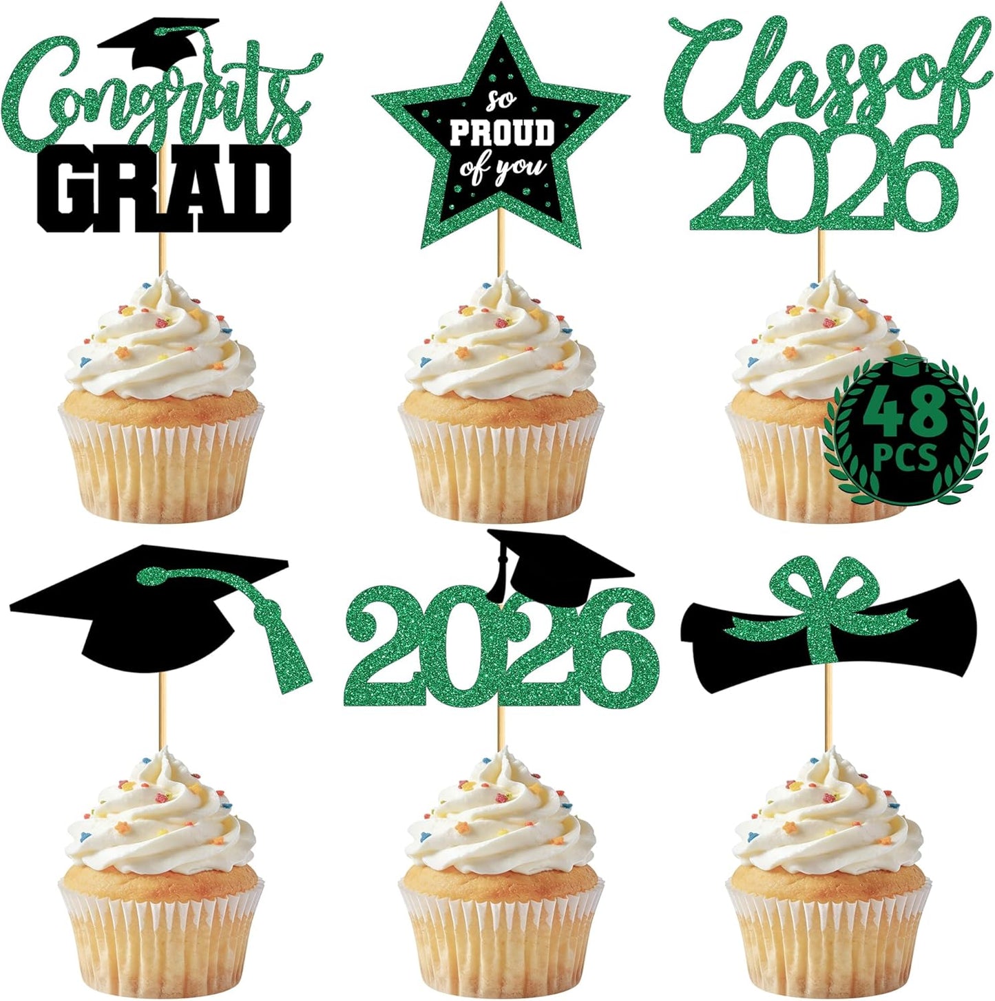 Graduation Cupcake Toppers - 48 PCS Black & Gold Congrats Grad Decorations | Glittery Cap & Diploma Picks for 2026 Party