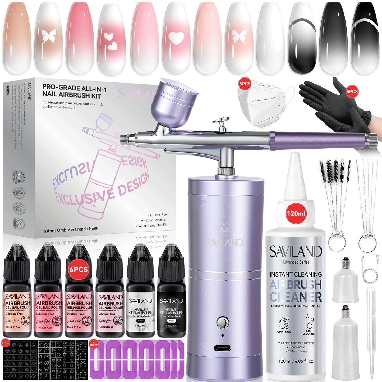 SAVILAND 7-in-1 Pro Airbrush Set: 6PSC Pink Airbrush Gel Nail Polish & Airbrush for Nails & Airbrush Cleaner & Airbrush Stencils & Protector for Fingers & Masks and Gloves Instant Nail Art