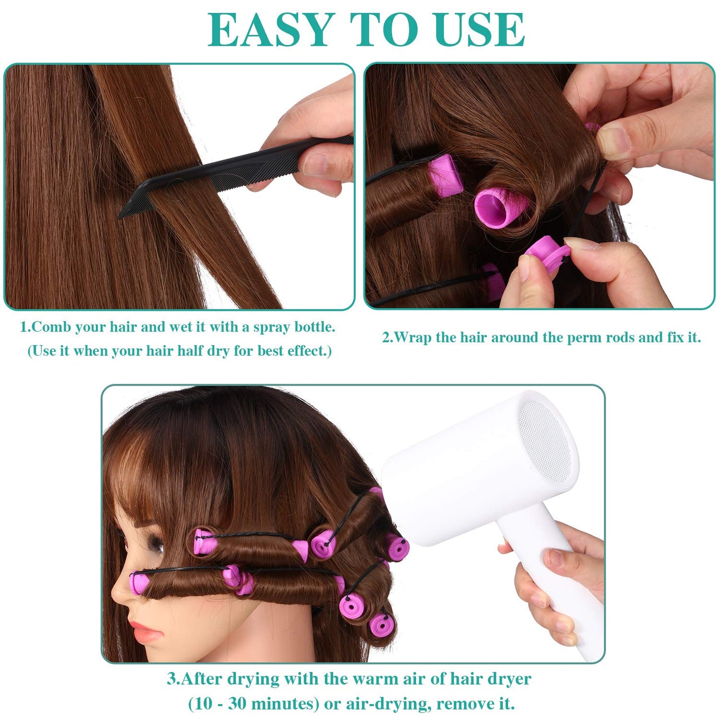 WILLBOND 60 Pcs Perm Rods - Plastic Curling Rollers for Long Hair Styling | 0.75 Inch, Purple