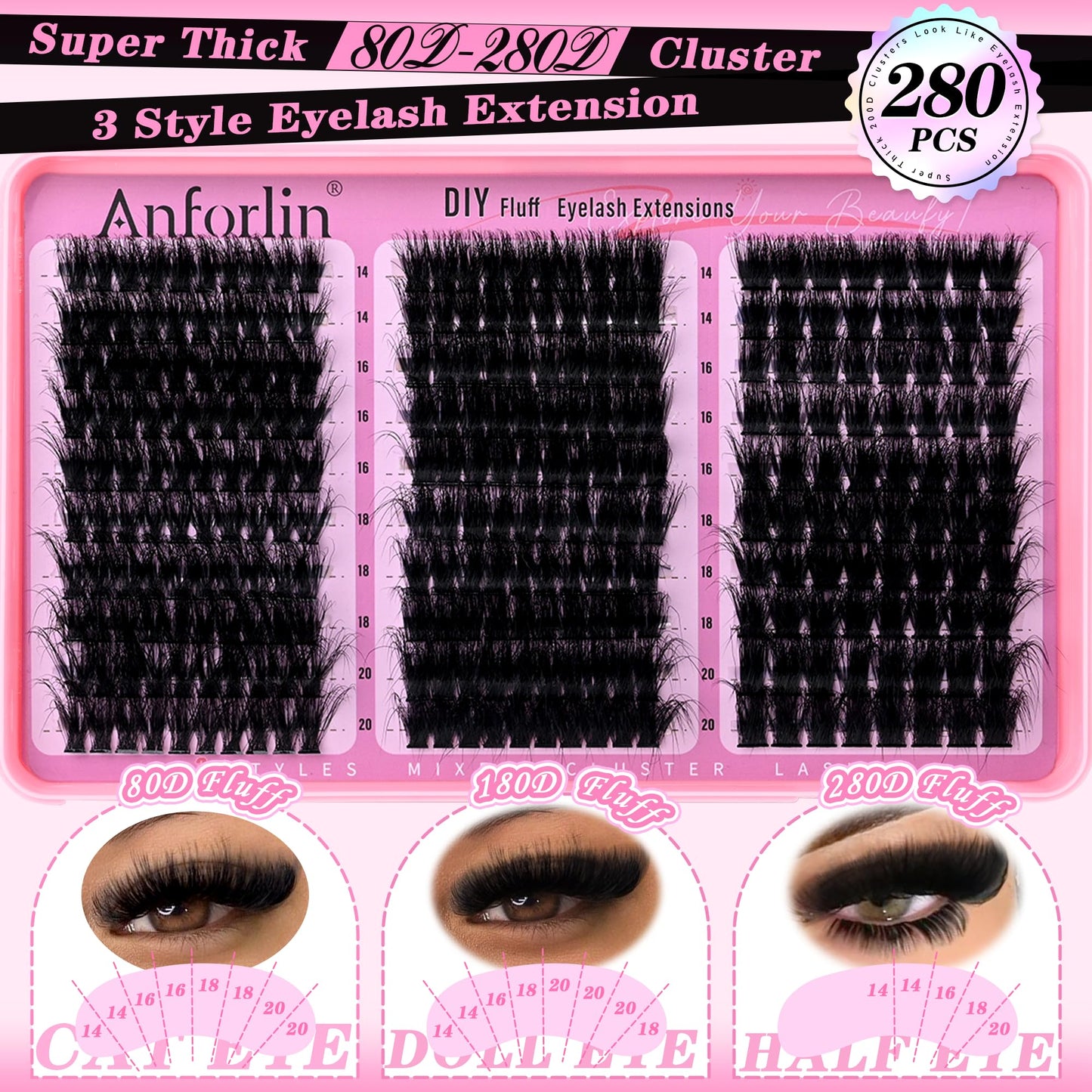 Thick Lash Clusters 14-20MM Volume Lash Extension 80D+180D+280D Eyelash Clusters 3 Styles Individual Lashes 280pcs Eyelash Extensions D Curly Lash Extension DIY at Home by Anforlin