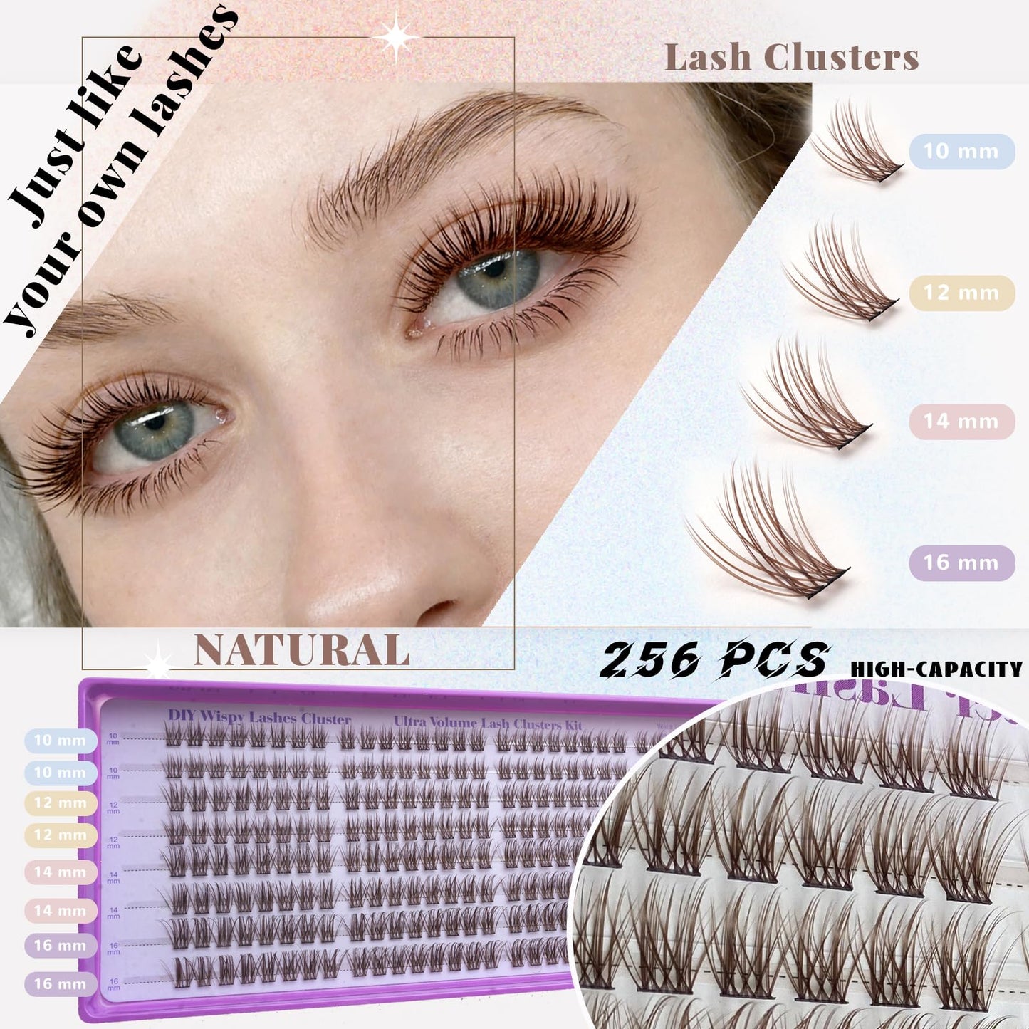 Brown Lash Clusters, Natural Wispy Lash Cluster Eyelash Extensions 256 Pcs C Curl 10-16mm Individual Fluffy False Eyelashes Thin Band DIY for Beginners at Home