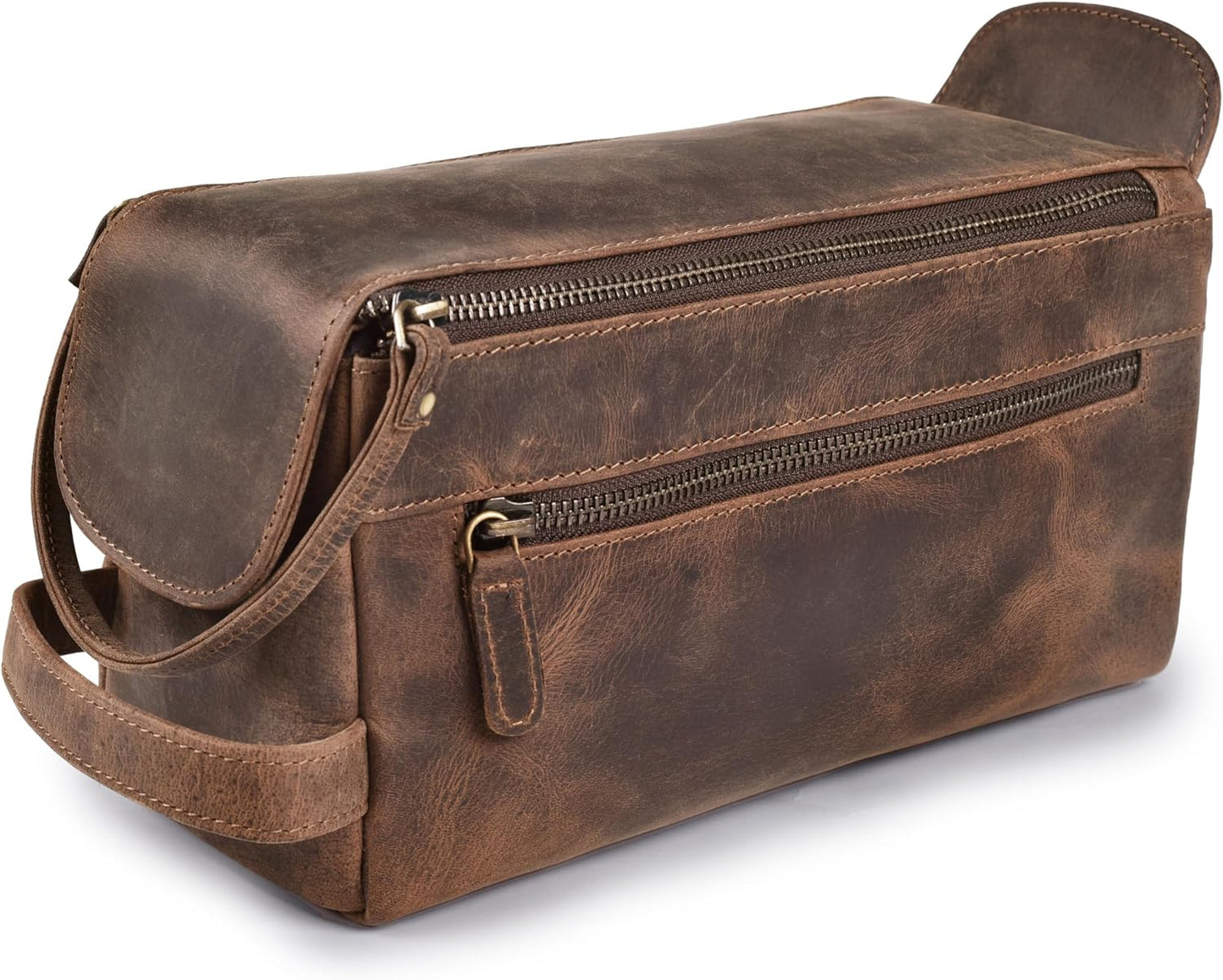 Full Grain Leather Toiletry Kit - Water-Resistant Travel Organizer for Men & Women | Rustic Brown Grooming Case