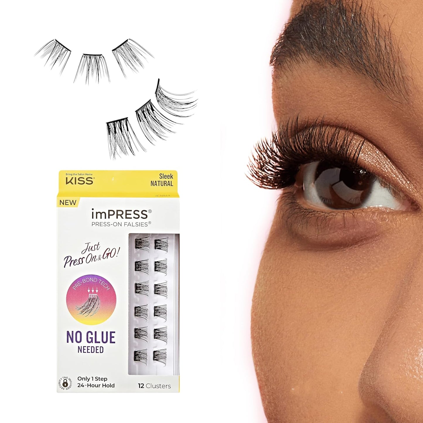 Kiss Impress Falsies - Self-Adhesive Eyelashes, 12mm-14mm Natural Volume | Black, No Glue Needed, Invisible Band
