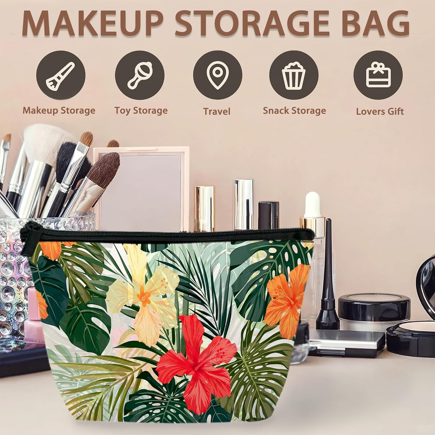 Hibiscus Flowers Travel Makeup Bag - Waterproof Cosmetic Organizer | Mini Portable Pouch for Women, Ideal for Travel & Gifts