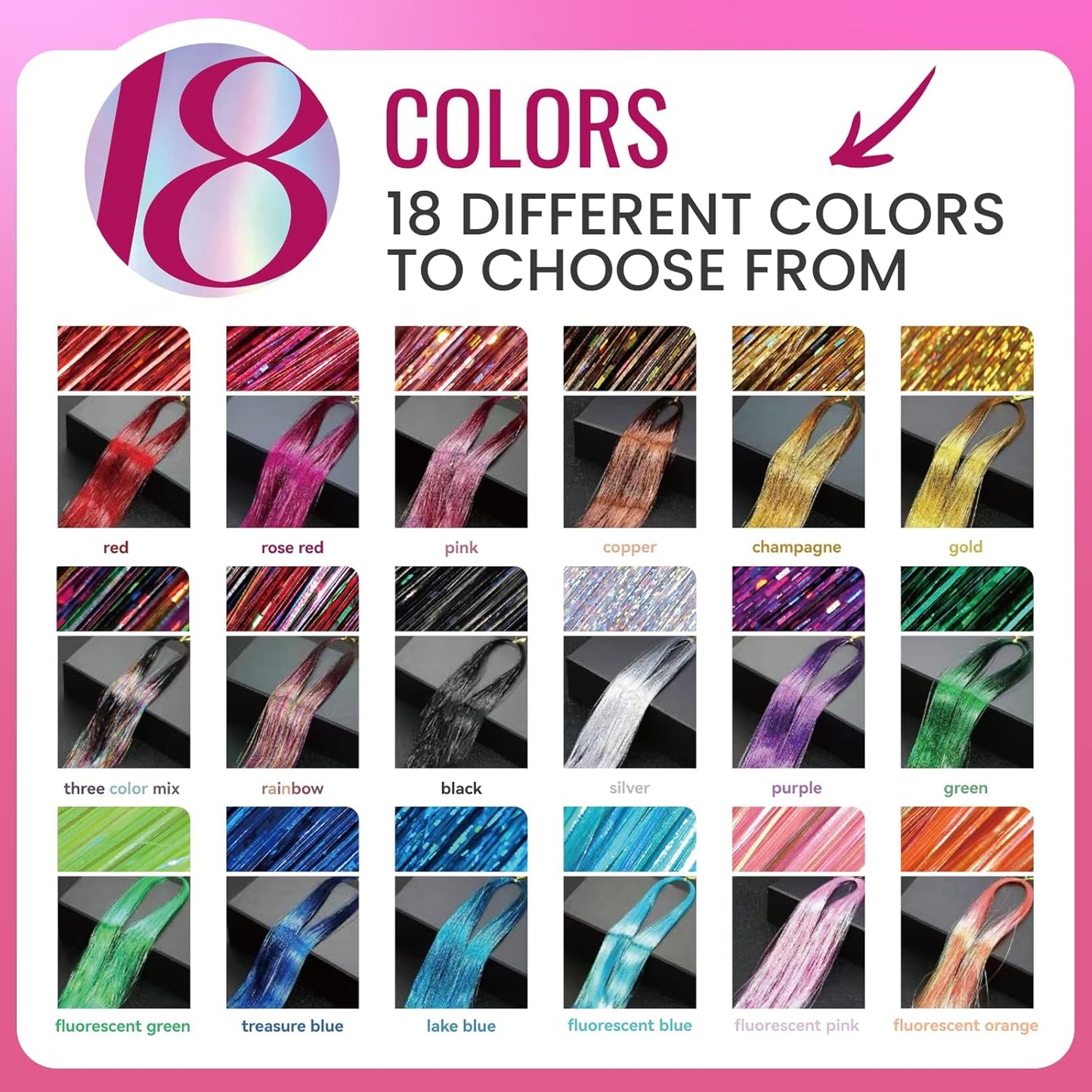 Glitter Hair Tinsel Extensions Kit - 18 Colors, 48 Inch Sparkly Strands | Shiny Hair Accessories for Women, Girls & Kids