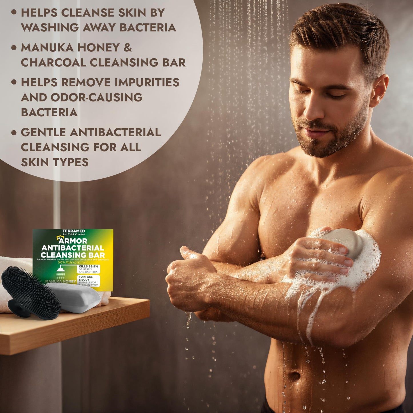 Antibacterial Soap Antibacterial Hand Soap for All Skin Types | Kills 99.9% of Germs & Bacteria | Helps with Back Acne, Body Odor & Skin Irritation | Manuka Honey Charcoal Soap with Scrubber Pack of 2