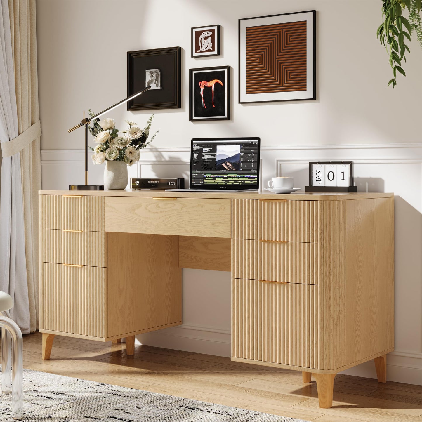 Oxirth 55.1" Fluted Executive Desk with Drawers, Wood Computer Desk with Storage Cabinet, Home Office Desk with Charging Station, Farmhouse Desk with File Cabinet for Office Home (Nature)