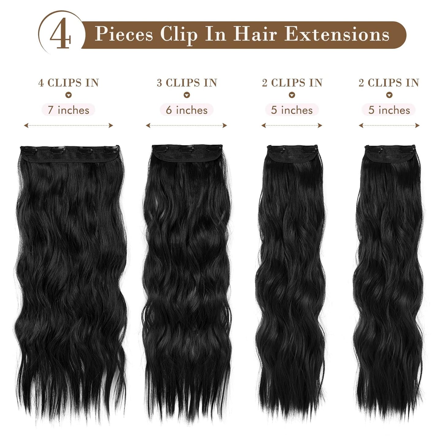 REECHO Clip-In Hair Extensions - 4PCS Natural Soft Synthetic Hairpieces for Women | Black