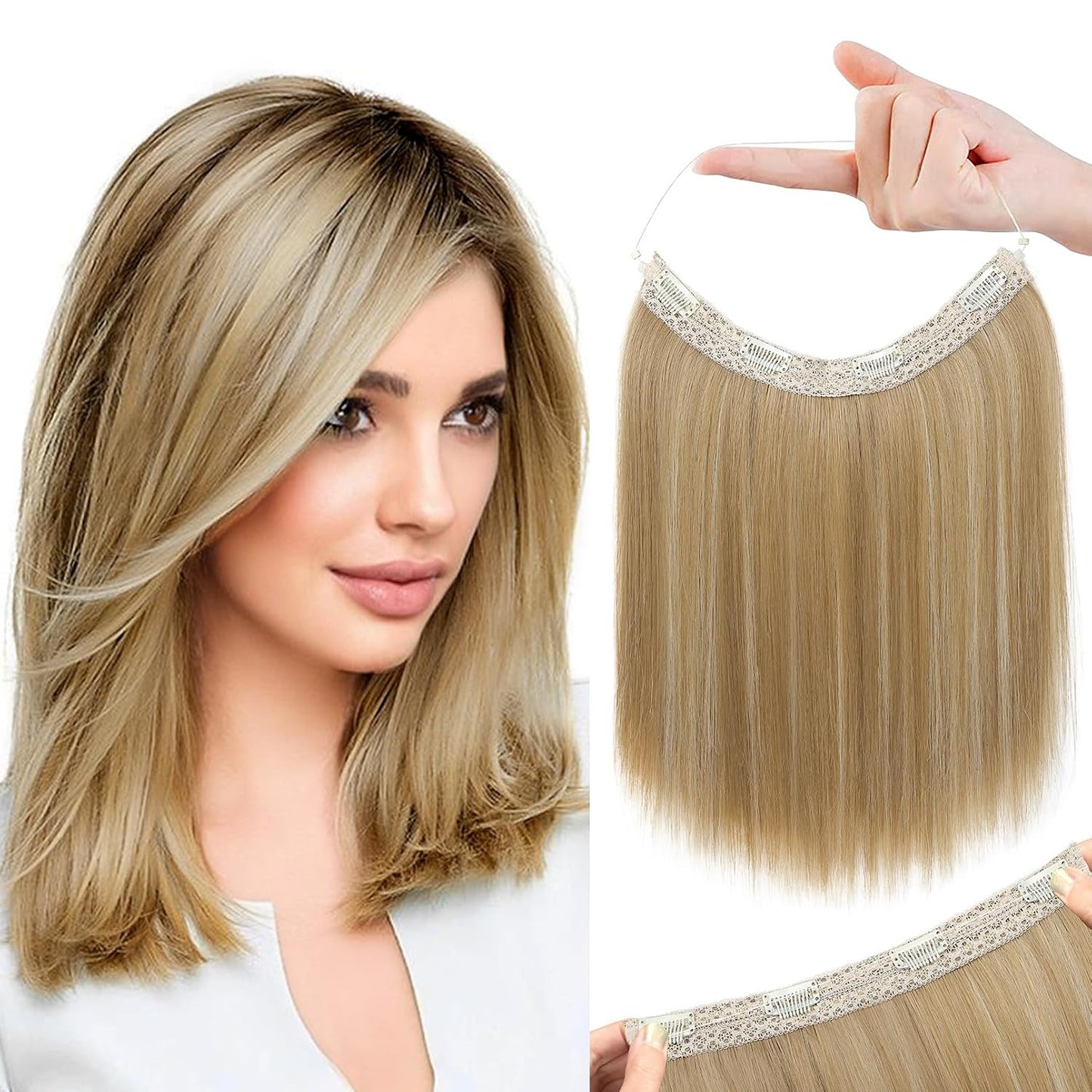 REECHO Invisible Wire Hair Extensions - Thinner Lace Weft, 12-Inch Short Straight Clips | Light Blonde