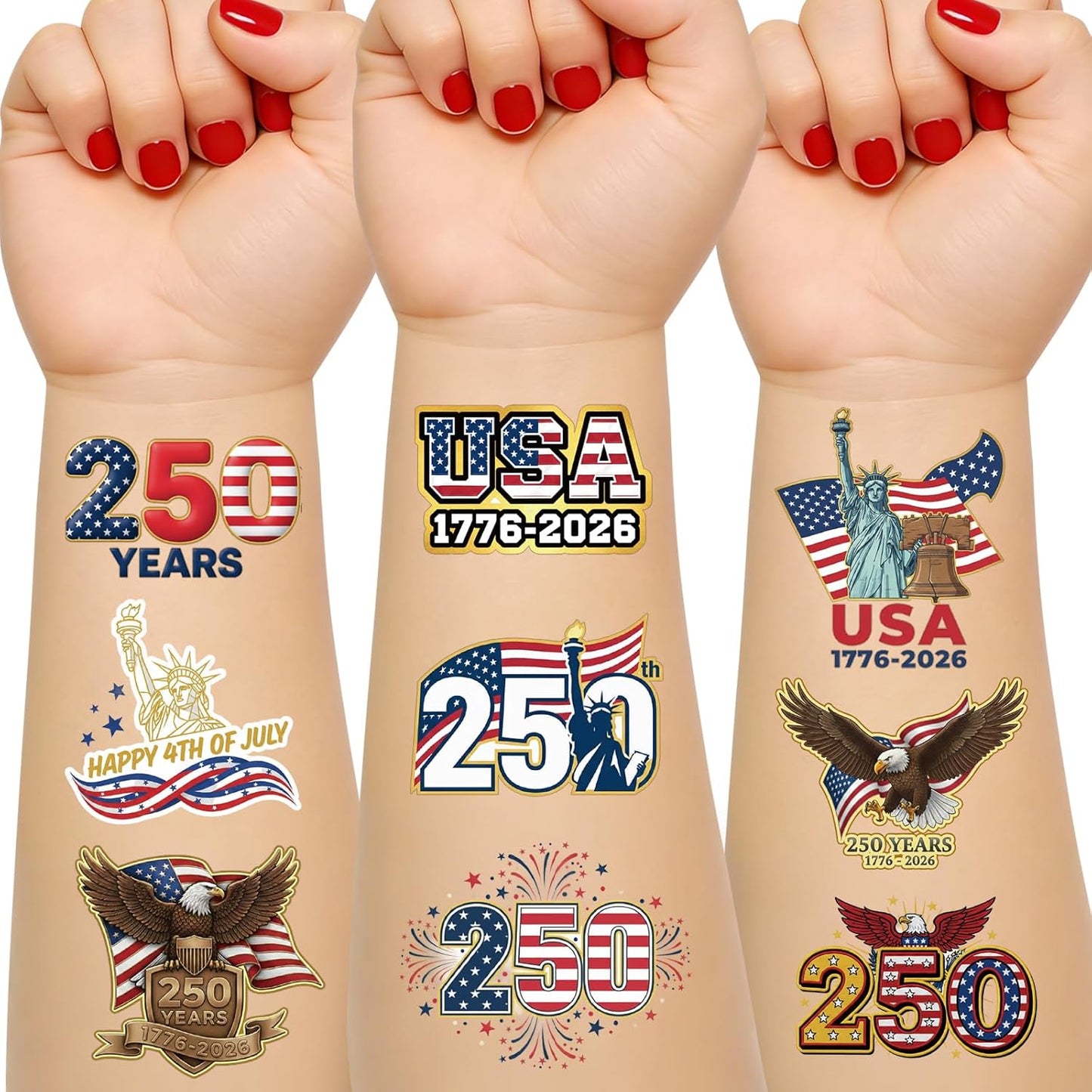 USA Temporary Tattoos - 250th Anniversary American Flag Stickers | 15 Sheets, 60 Styles for 4th of July Decor