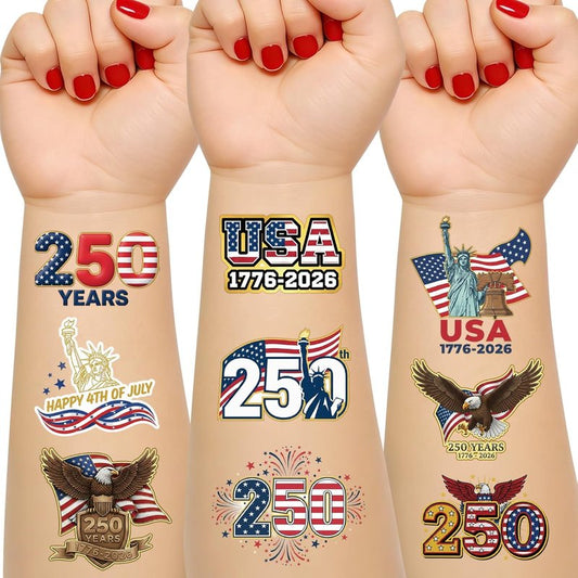 USA Temporary Tattoos - 250th Anniversary American Flag Stickers | 15 Sheets, 60 Styles for 4th of July Decor