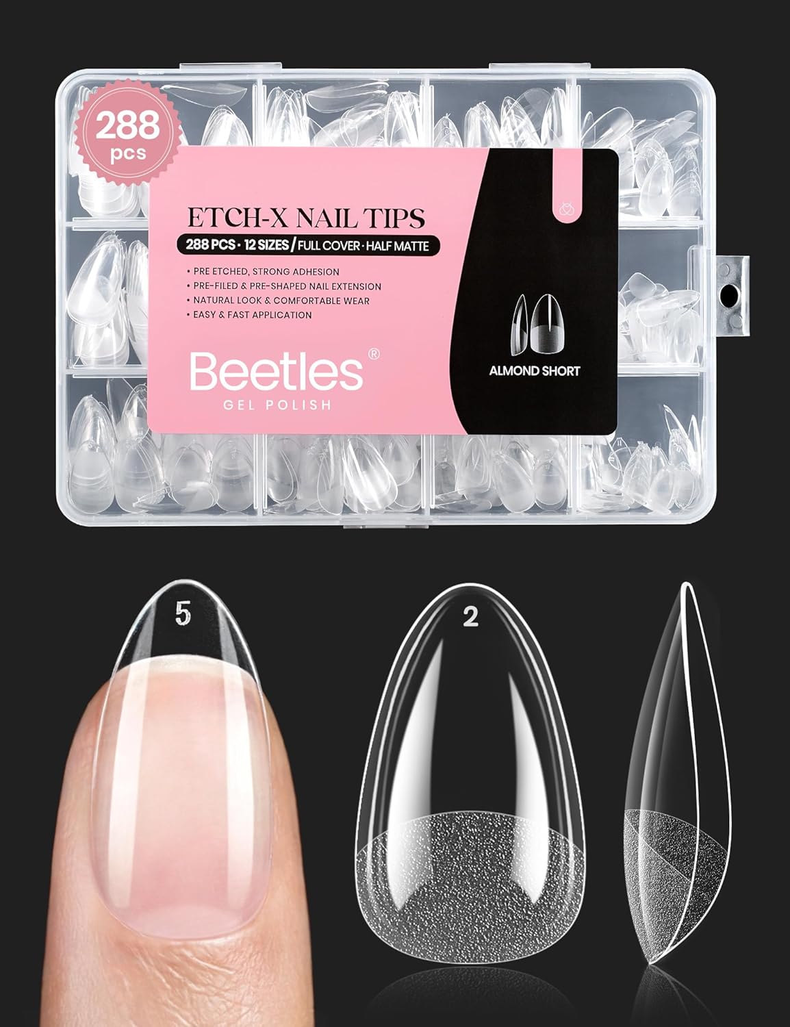 Soft Gel Nail Tips - Short Almond 288pcs | Pre-Etched Acrylic Full Cover for Easy DIY Nail Extensions