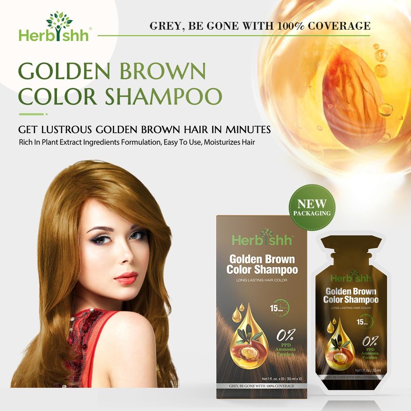 Herbishh Hair Coloring Shampoo with Argan Mask (10 Sachets + 1 Pouch) | 3-in-1 Dye, PPD-Free, Easy Application, Gray Coverage, Travel Pack | 6 Shades (Golden Brown)
