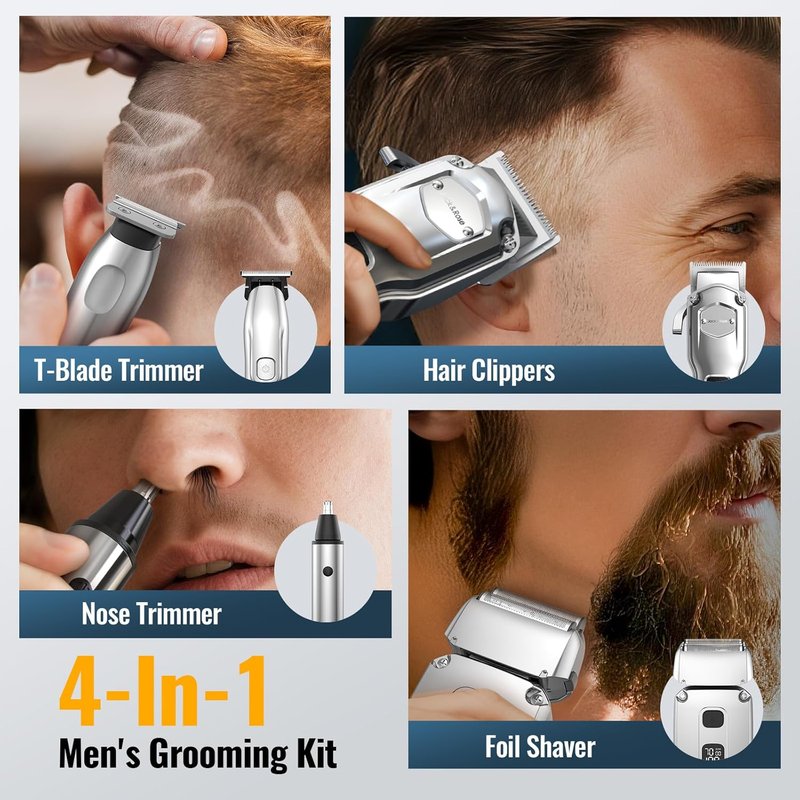 Hair Clippers for Men - Professional Cordless Trimmer Set | 4-in-1 with LED Display for Hair, Nose, Body, Bald Head