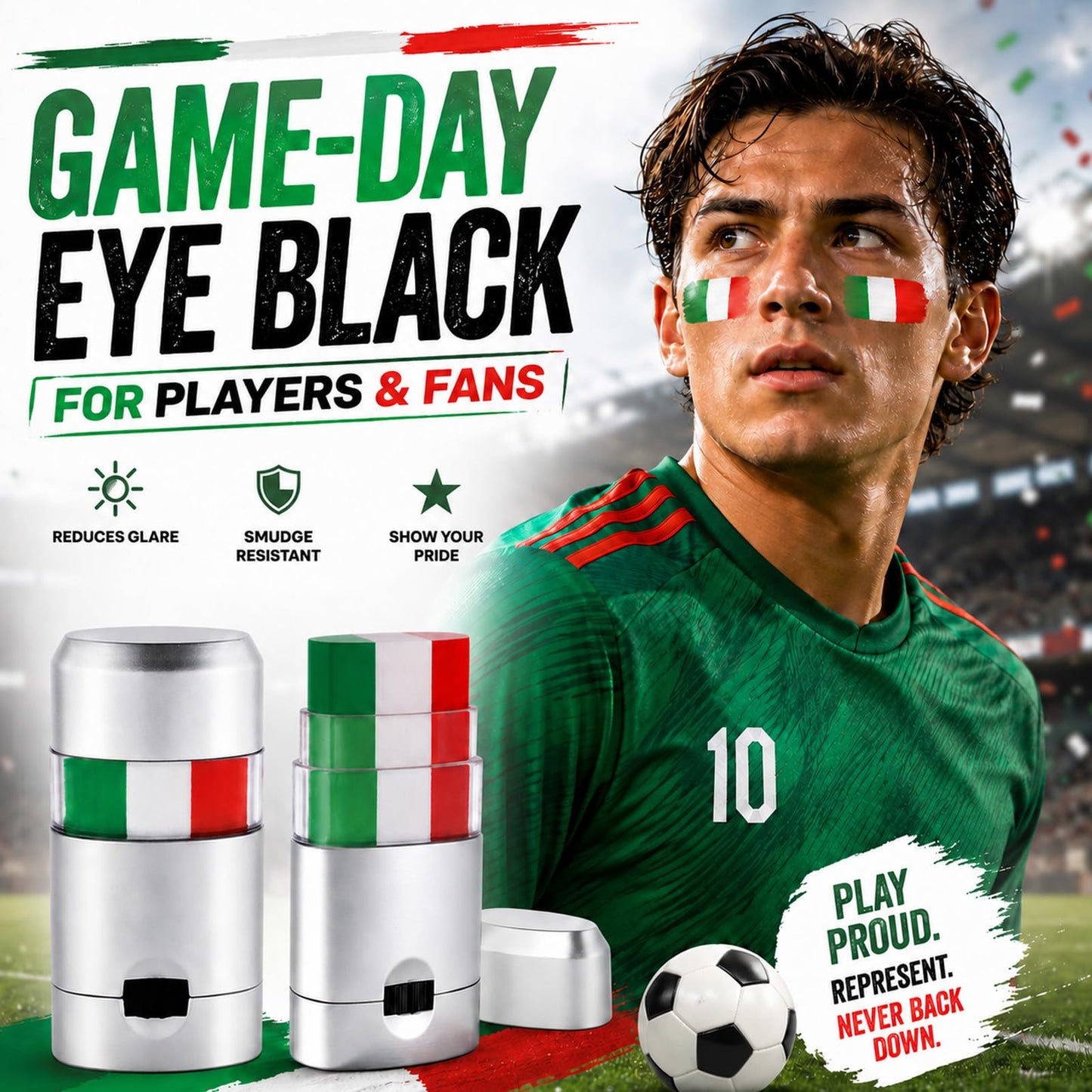 Paminify Mexican Eye Black,Mexico Green White and Red Patriotic Italy Flag Body Face Paint Stick for Fans,Waterproof Sport Face Paint for Soccer Baseball Softball Football Game Day Party,2 PCS