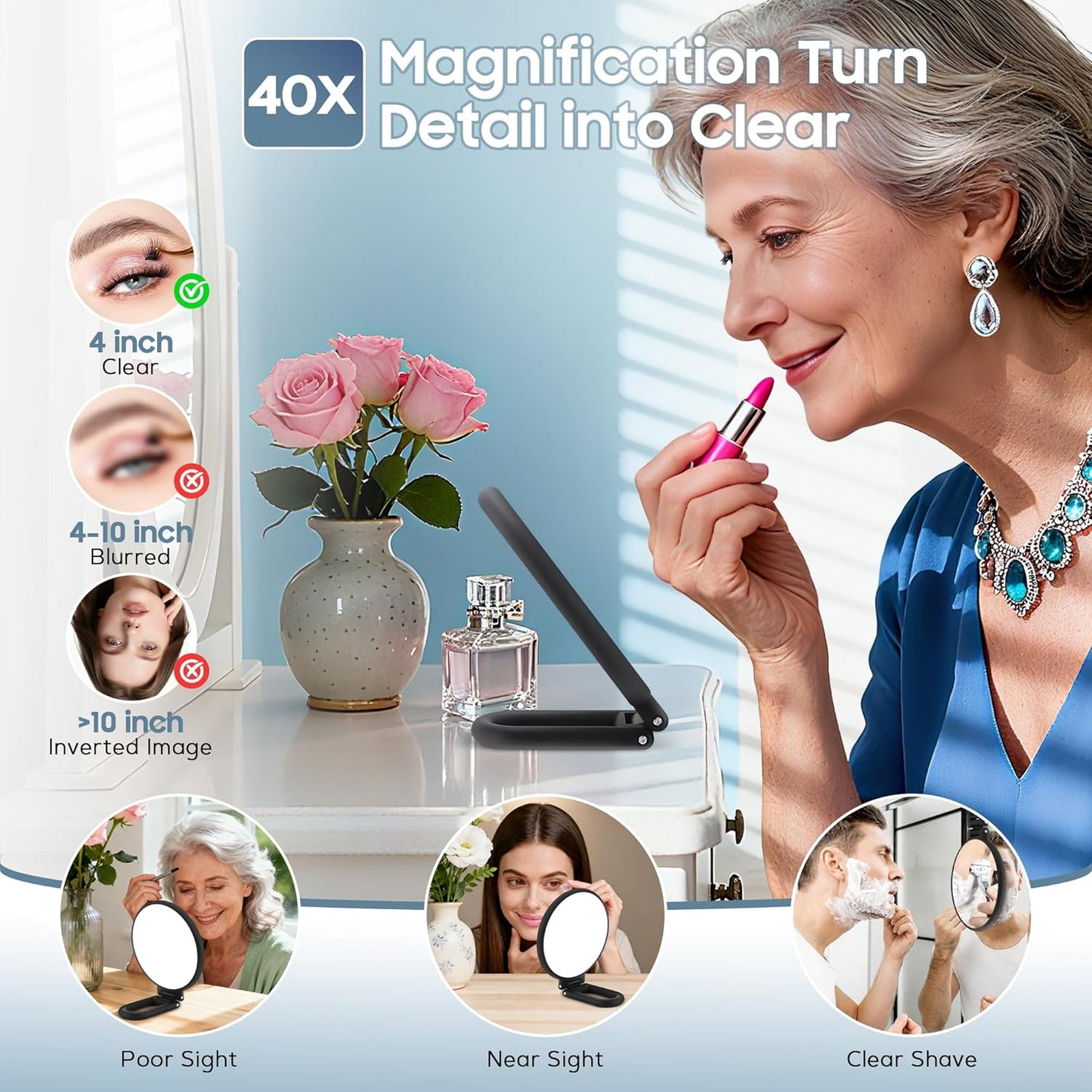 40X Magnifying Makeup Mirror - Double-Sided Handheld Design | Portable & Foldable for Travel, Black