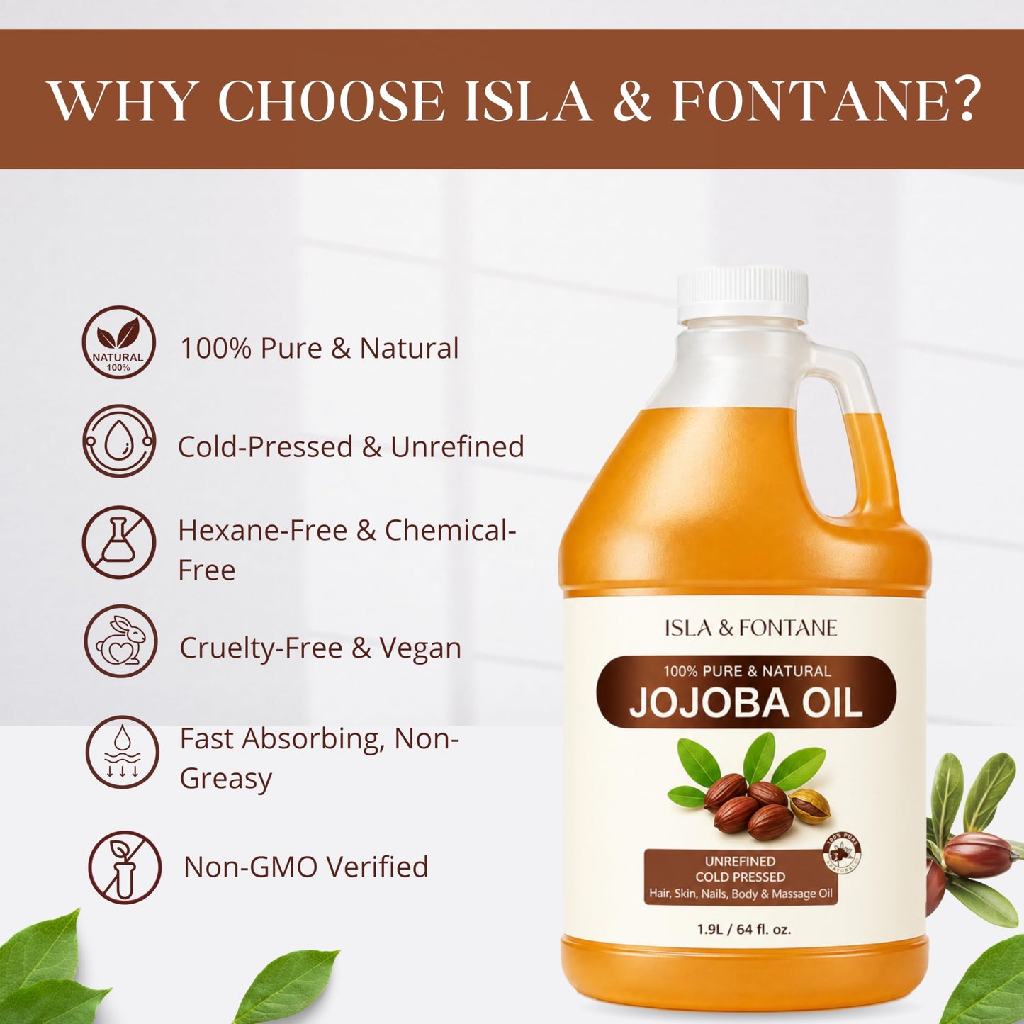 ISLA & FONTANE 100% Pure & Natural Jojoba Oil 1.9L - Cold Pressed, Unrefined, Hexane Free Carrier Oil for Hair, Face, Body & Nails - Vegan, Non-GMO Moisturizer & Massage Oil