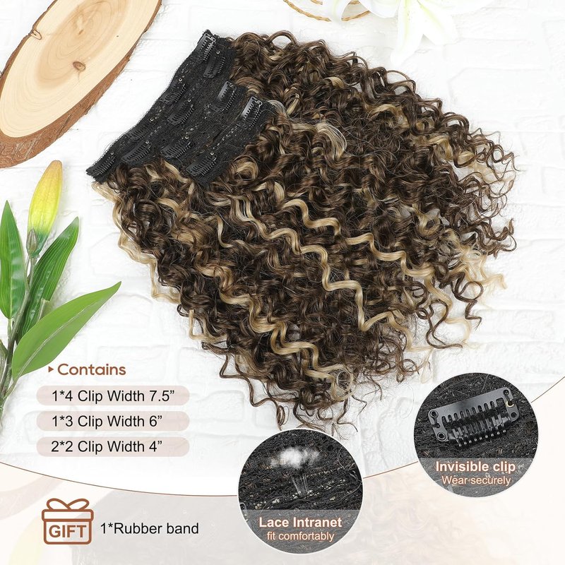 Flufymooz 4PC Clip-In Hair Extensions - 14 Inch Natural Soft Deep Curly Wavy Hairpiece | Medium Brown Ash Blonde Highlights