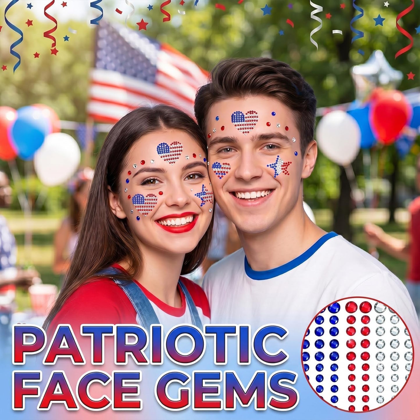 4th of July Face Gems Self Adhesive Blue Red Star Face Jewels for Women, American Flags Face Rhinestones Stickers Fourth of July Accessories Country Party Decorations for Face Body Hair