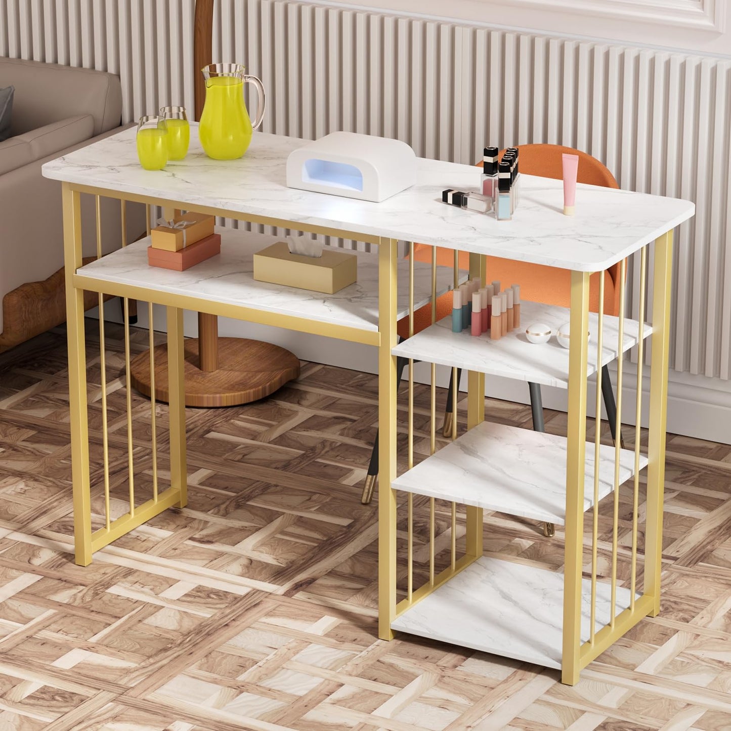 Mehisir Nail Desk with 3-Tier Shelves, Modern Manicure Table Luxury Heavy Duty Nail Table with Marble Top Gold Frame Multipurpose Nails Tech Desk for Beauty Salon Spa White White