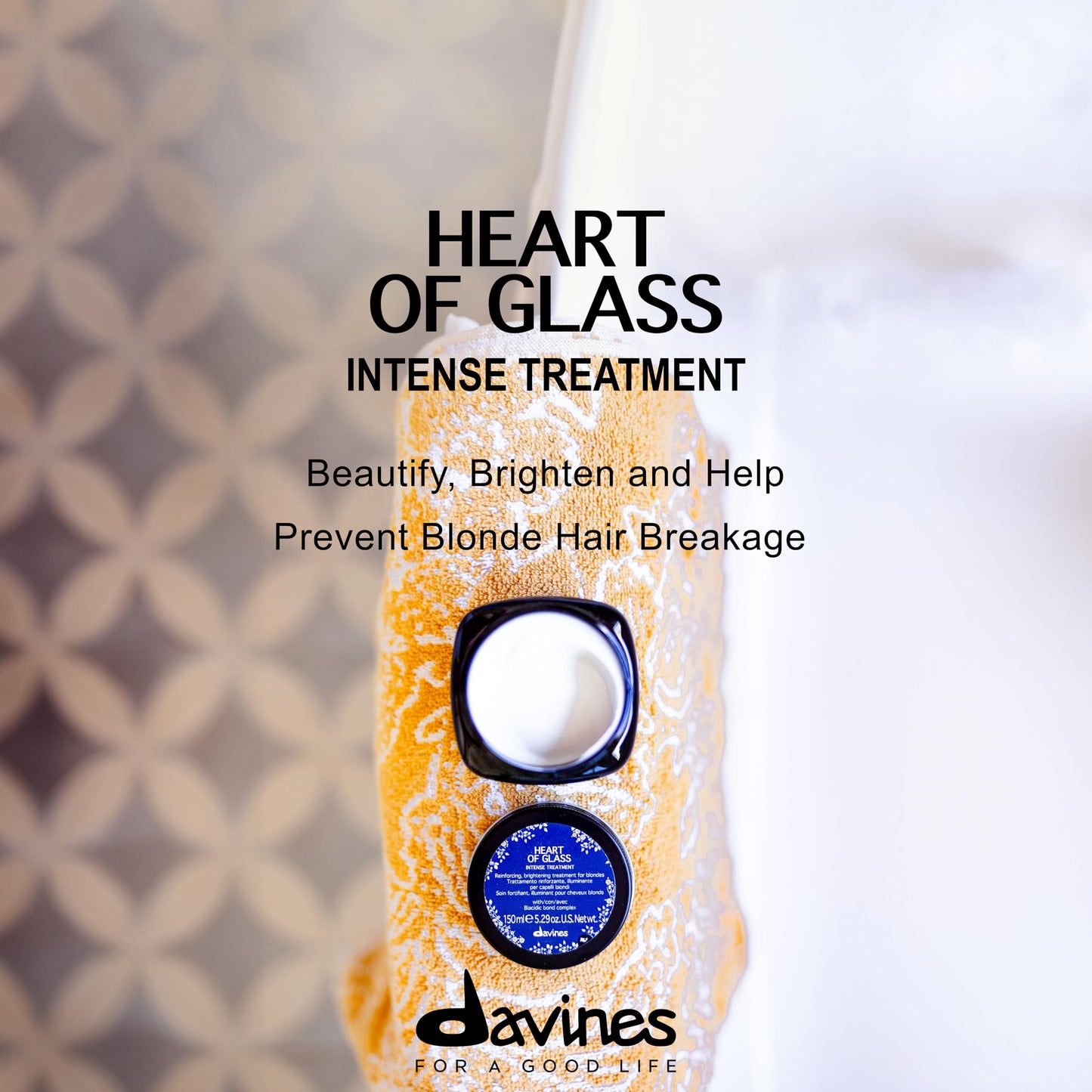 Davines Heart of Glass Intense Treatment, Reinforcing & Brightening Hair Mask for Blonde - Biacidic Bond Complex Repairs Damage & Prevents Breakage - Deep Nourishment, 5.07 Fl Oz