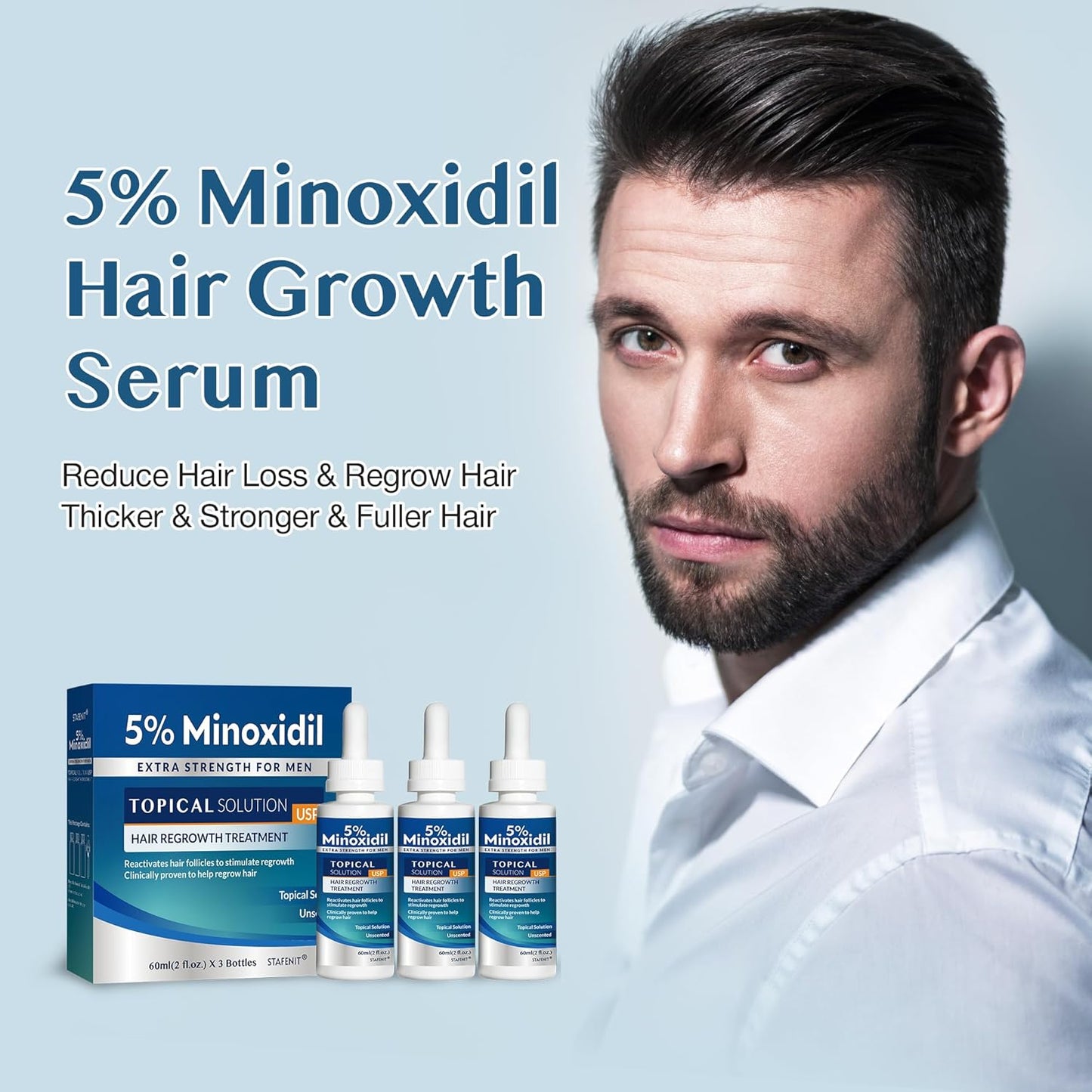 Minoxidil Hair Growth Serum - Extra Strength Beard Regrowth Treatment with Biotin | 60ml, 3 Bottles
