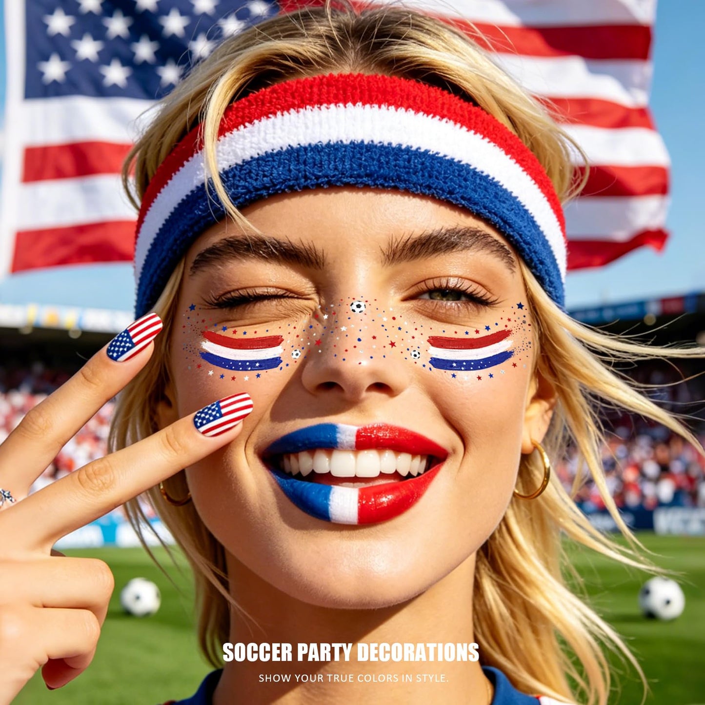 VXZ Red White Blue USA Soccer Fan Freckles Face Tattoo - Tricolor Brushstroke Temporary Tattoos | Waterproof Sports Sparkle Stickers for Football Matches & Game Day Celebrations (8 Sheets)