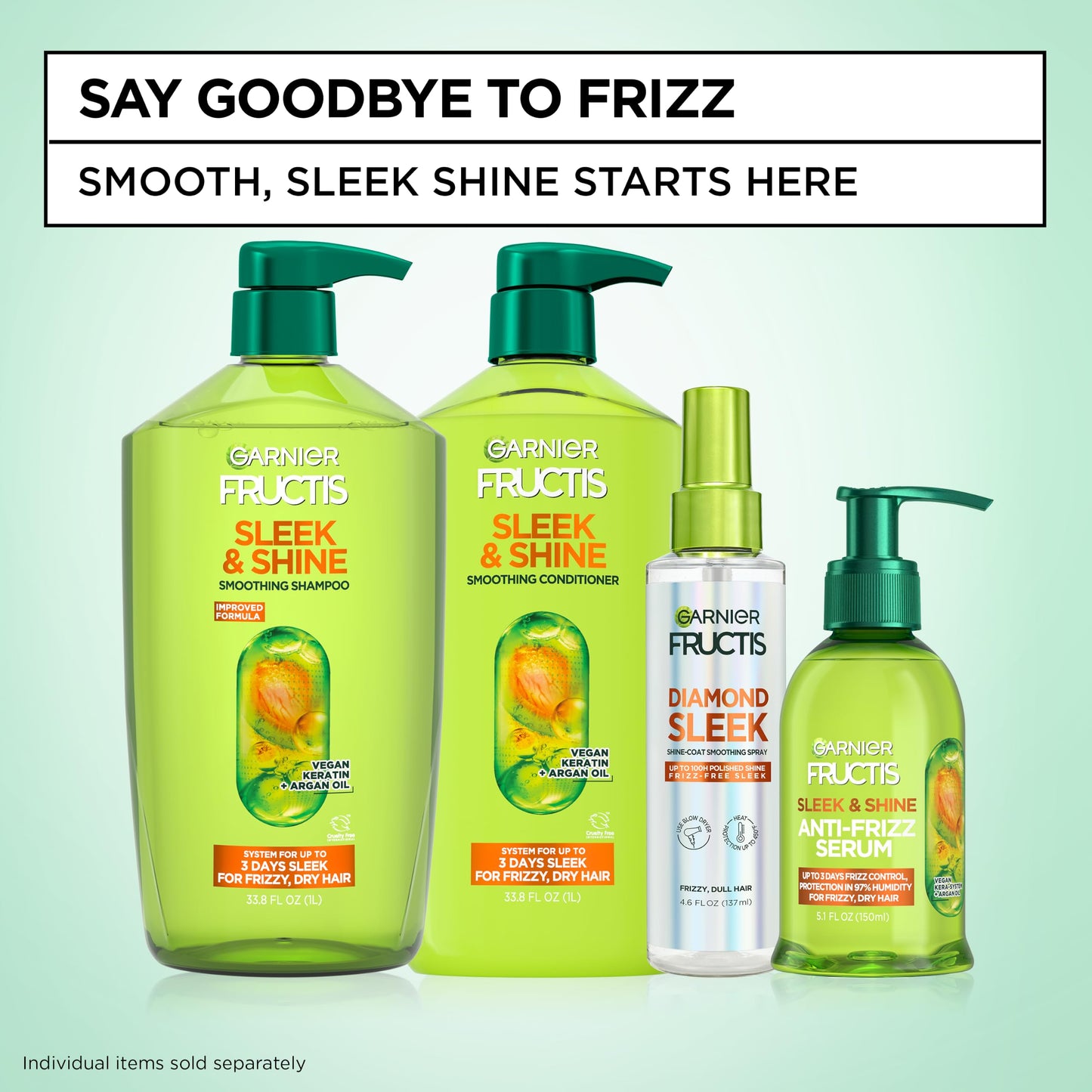Garnier Fructis Sleek & Shine Anti-Frizz Hair Serum for Frizzy, Dry Hair, Leave-In Argan Oil Infused Formula with Up to 72HRs of Frizz Control, Smooths Flyaways & Boosts Hair Shine, 5.1 Fl Oz (2 Pack)