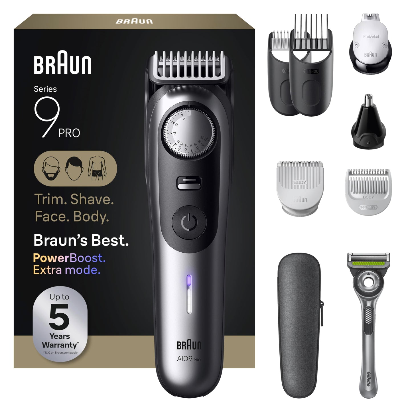 Braun All-in-One Series 9 PRO Men's Electric Beard Trimmer, Hair Clipper, Shaver & Razor for Face, Hair & Body, AIO 9550 with Gillette Labs Razor, Cordless