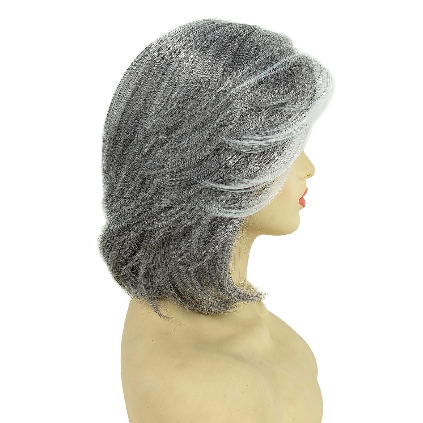 Grey White Highlight Wigs for Women - Heat Resistant Synthetic Hair | Natural Wave Cosplay & Daily Use (Silver Gray)