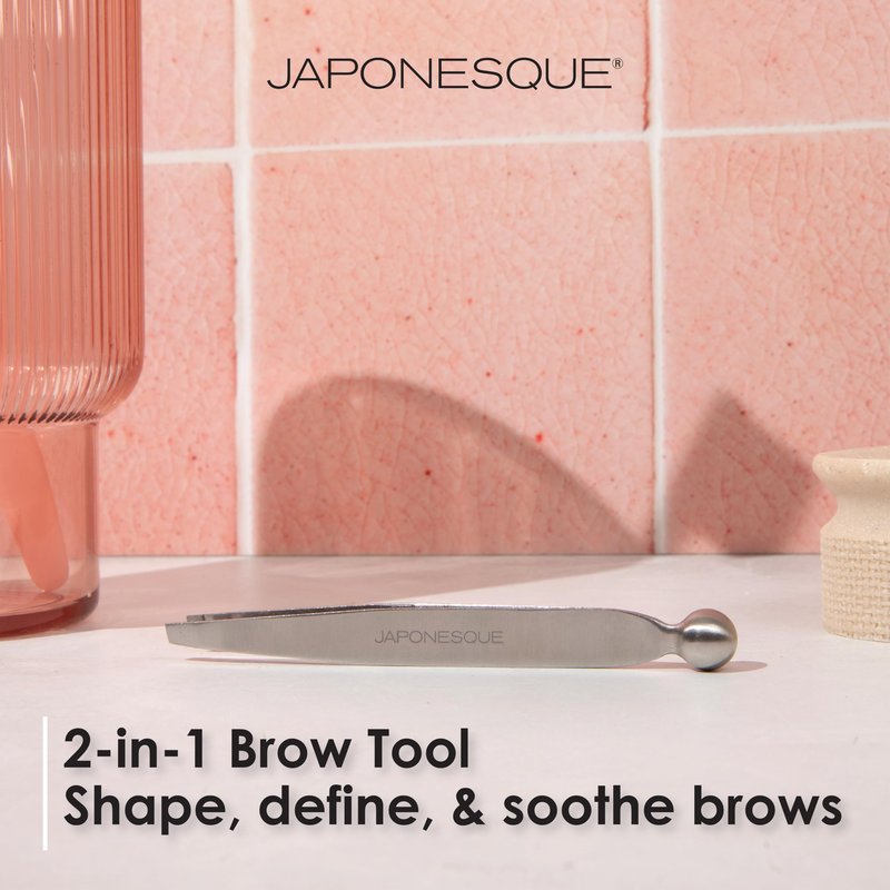 JAPONESQUE Shape & Soothe Tweezer, 2-in-1 Tool, Slant Tweezer for Shaping & Defining Brows & Eye Soother for Reducing Puffiness